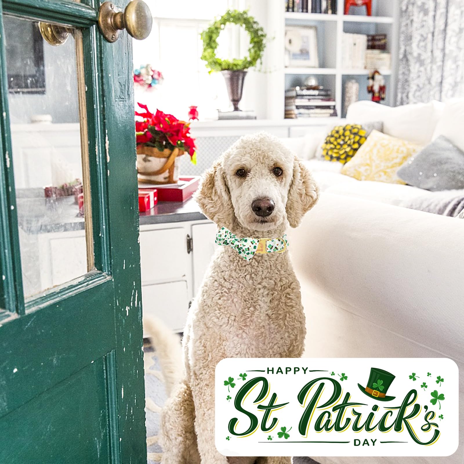 Mr. Chubbyface St.Patrick'S Clover Dog Collar With Bowtie, Green Clovers Shamrock Pattern Metal Buckle Dog Collar Adjustable Sha
