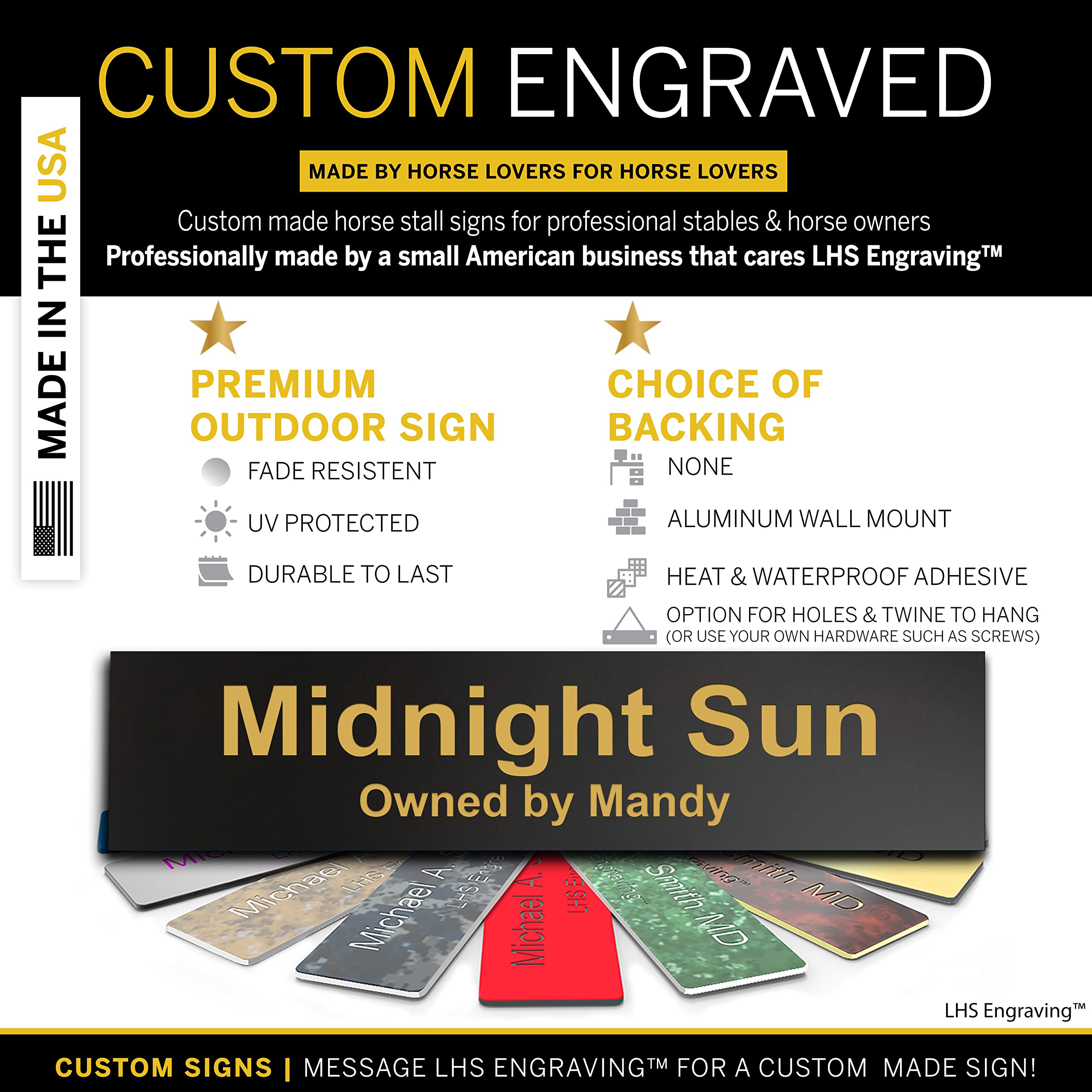 Lhs | Personalized Horse Stall Name Plates, 2X8 Horse Stall Signs With Adhesive, All Weather Uv Protected, Black Plastic Gold Le