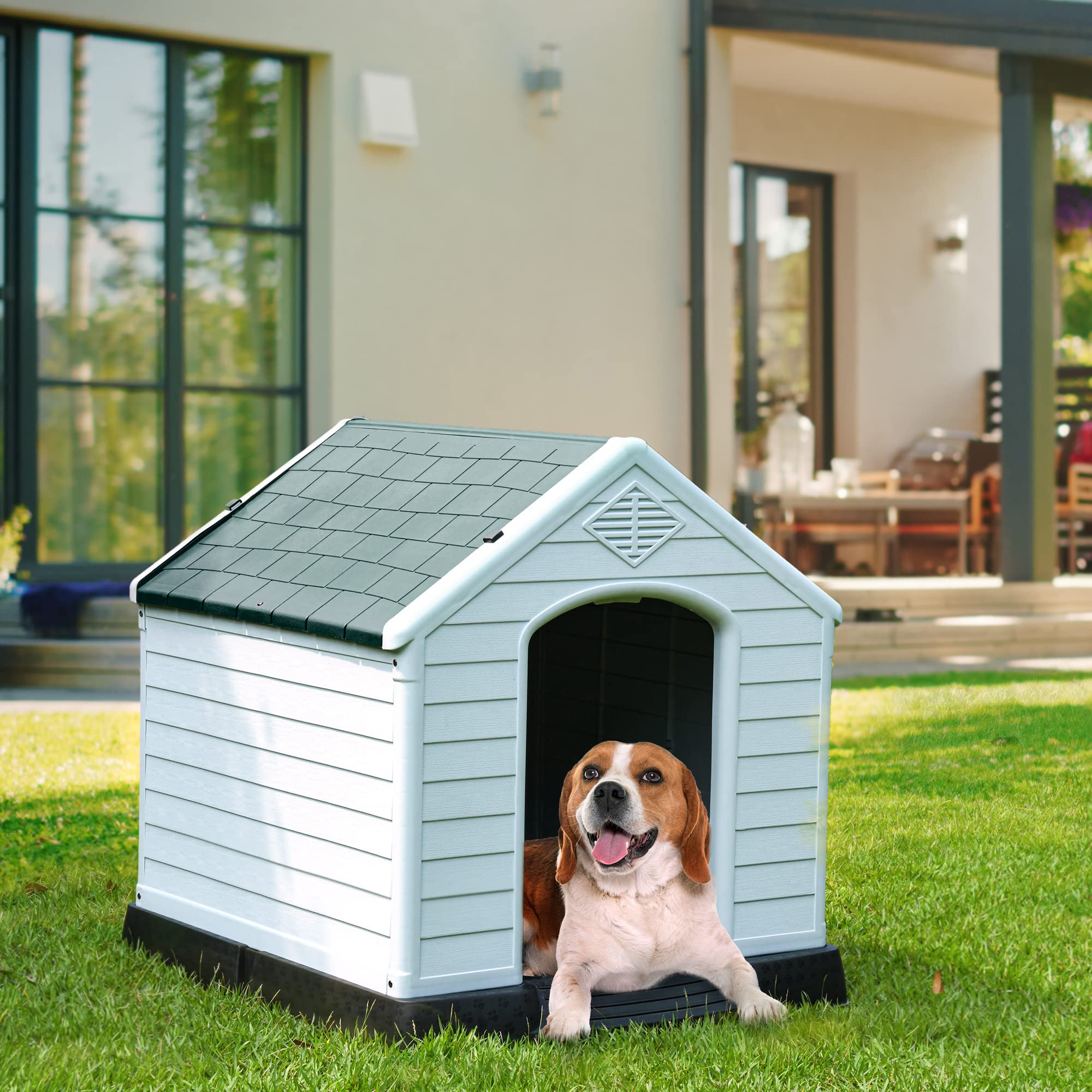 Yitahome 28.5'' Large Plastic Dog House Outdoor Indoor Doghouse Puppy Shelter Water Resistant Easy Assembly Sturdy Dog Kennel Wi