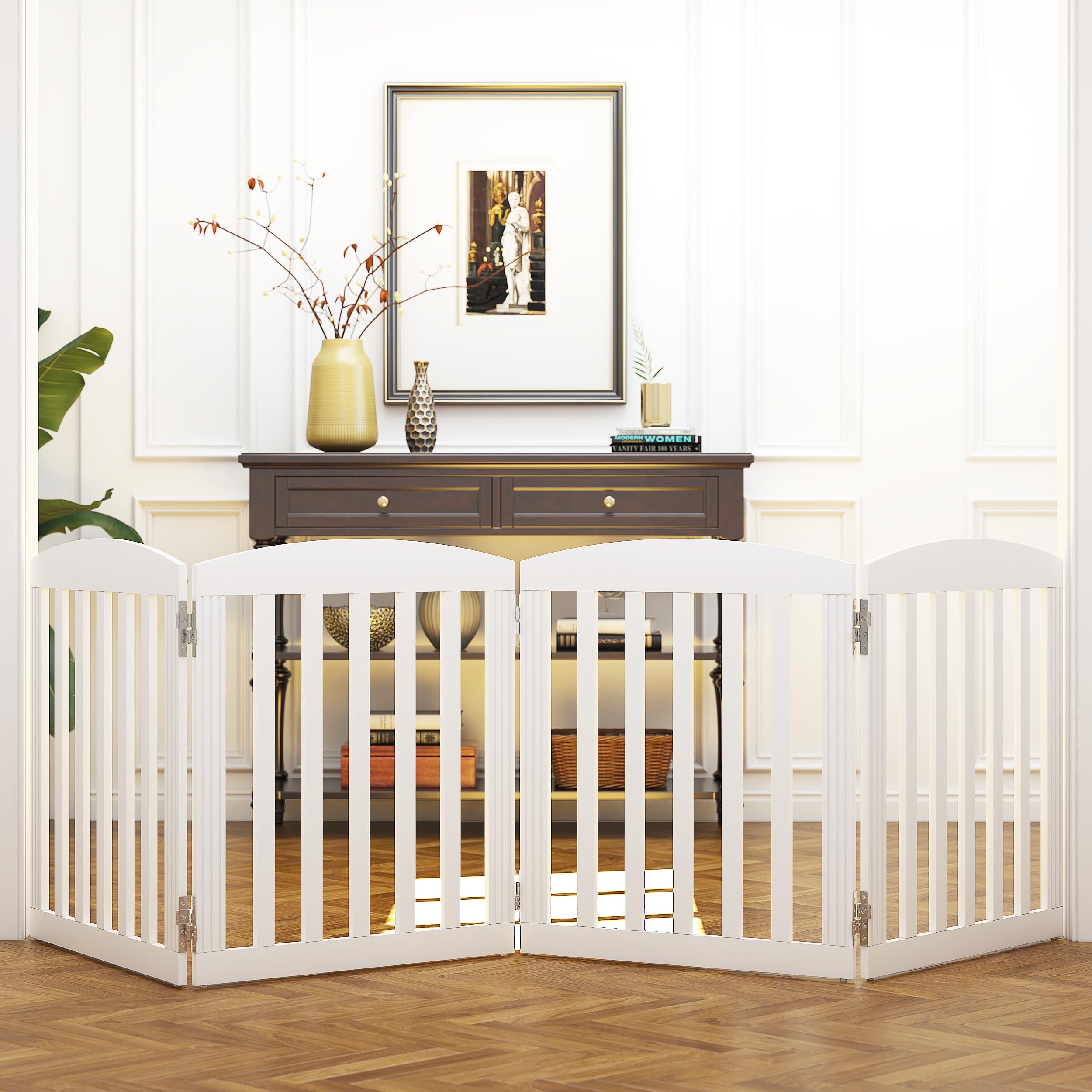 SPIRICH 96 Extra Wide 28 Tall Wooden Freestanding Foldable Dog Gate, Pet Gate Indoor, 4 Panels, White