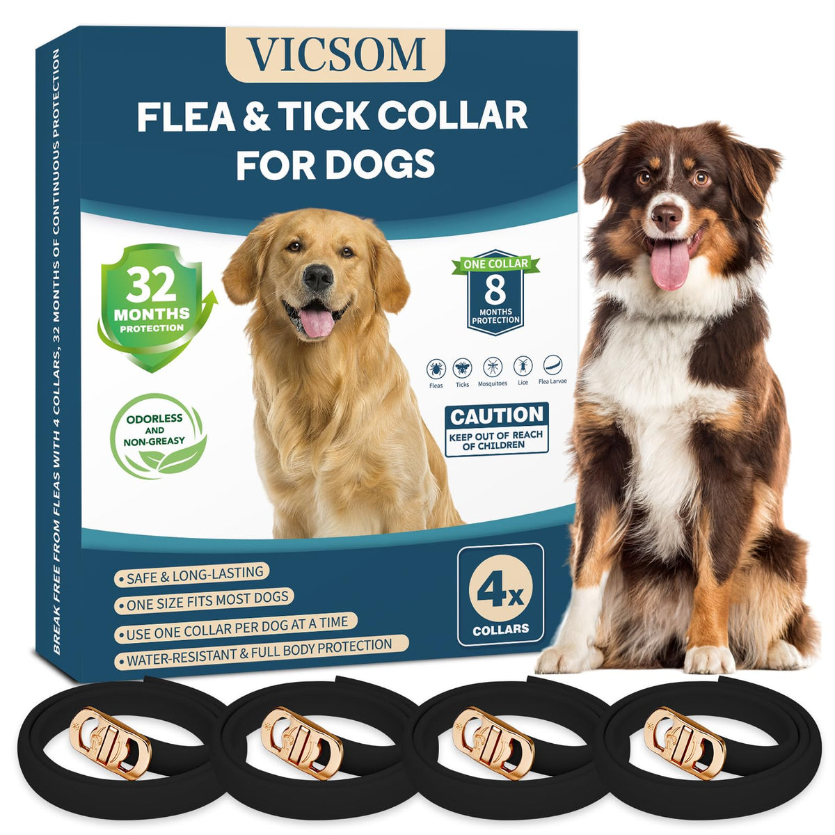 Vicsom 4 Pack Flea Collar For Dogs, Flea And Tick Collar For Dogs, 32 Months Flea And Tick Treatment For Dogs, Dog Flea And Tick