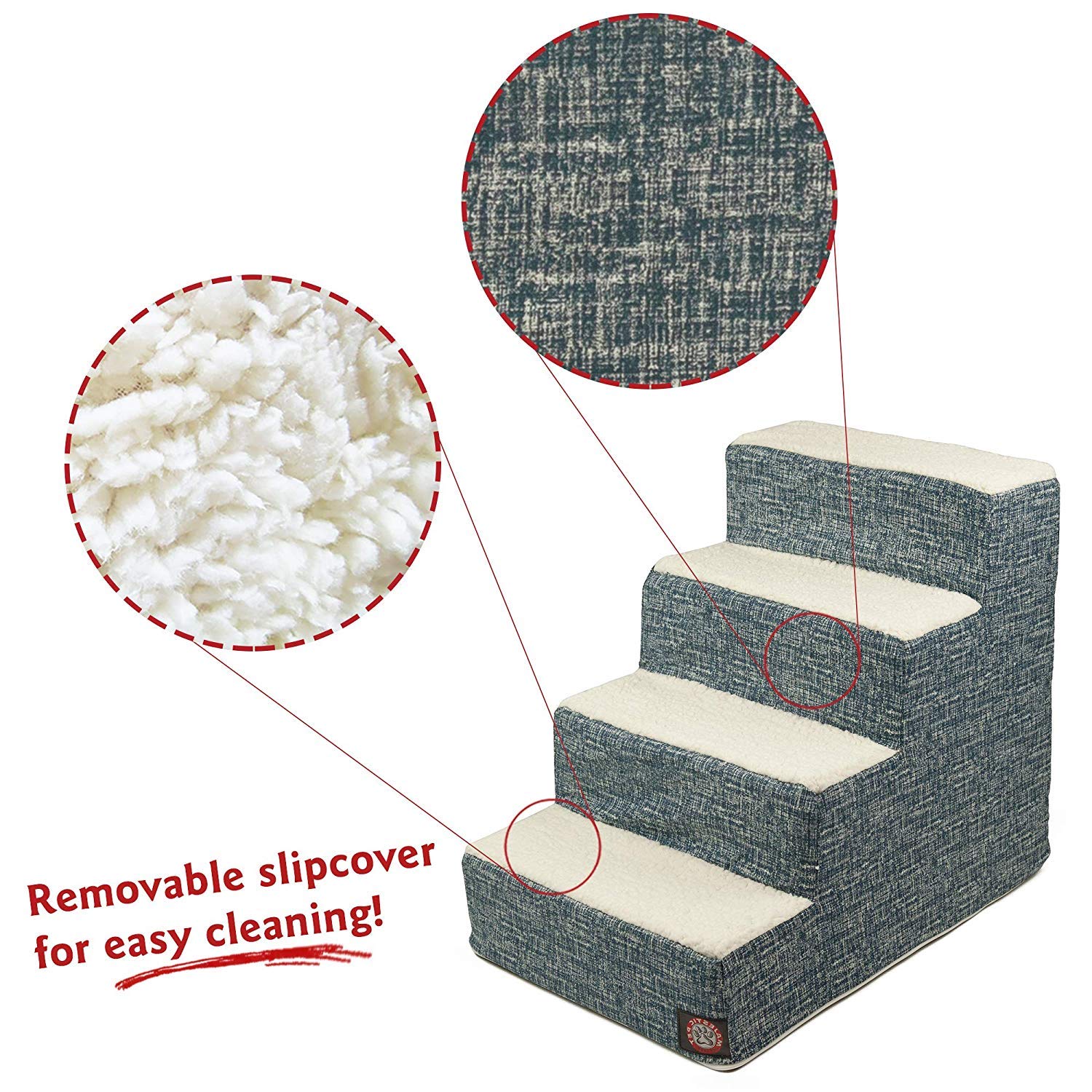Majestic Pet 4 Step Portable Dog Stairs for Small Dogs, Heavy-Duty Fabric, Supports 250 lbs, Heathered Navy Blue Denim
