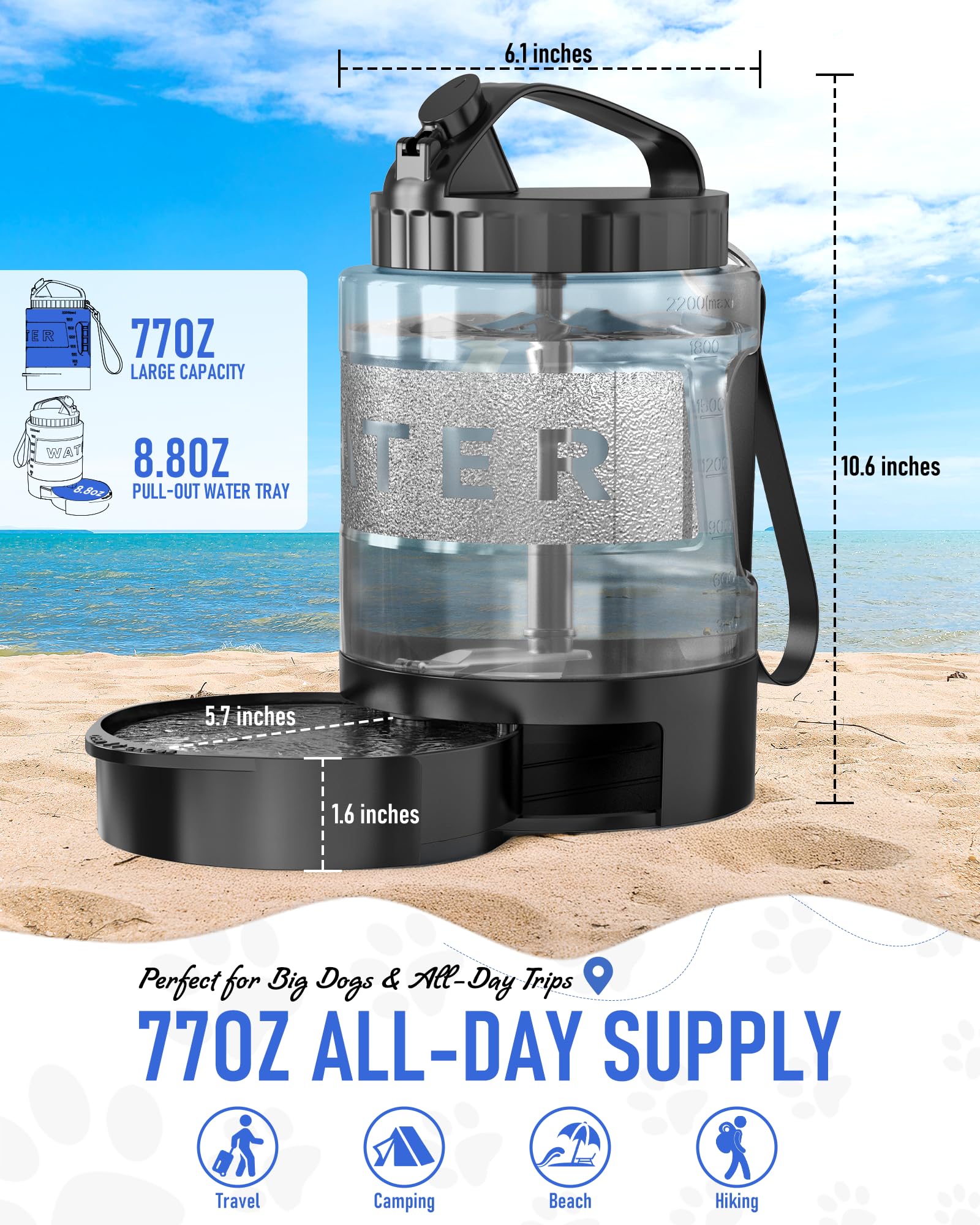 Dog Water Bottle Travel Bowl, 77oz Large Portable Dog Water Bowl Dispenser, Leakproof Pet Drinking Bottle Dispenser for Hiking C