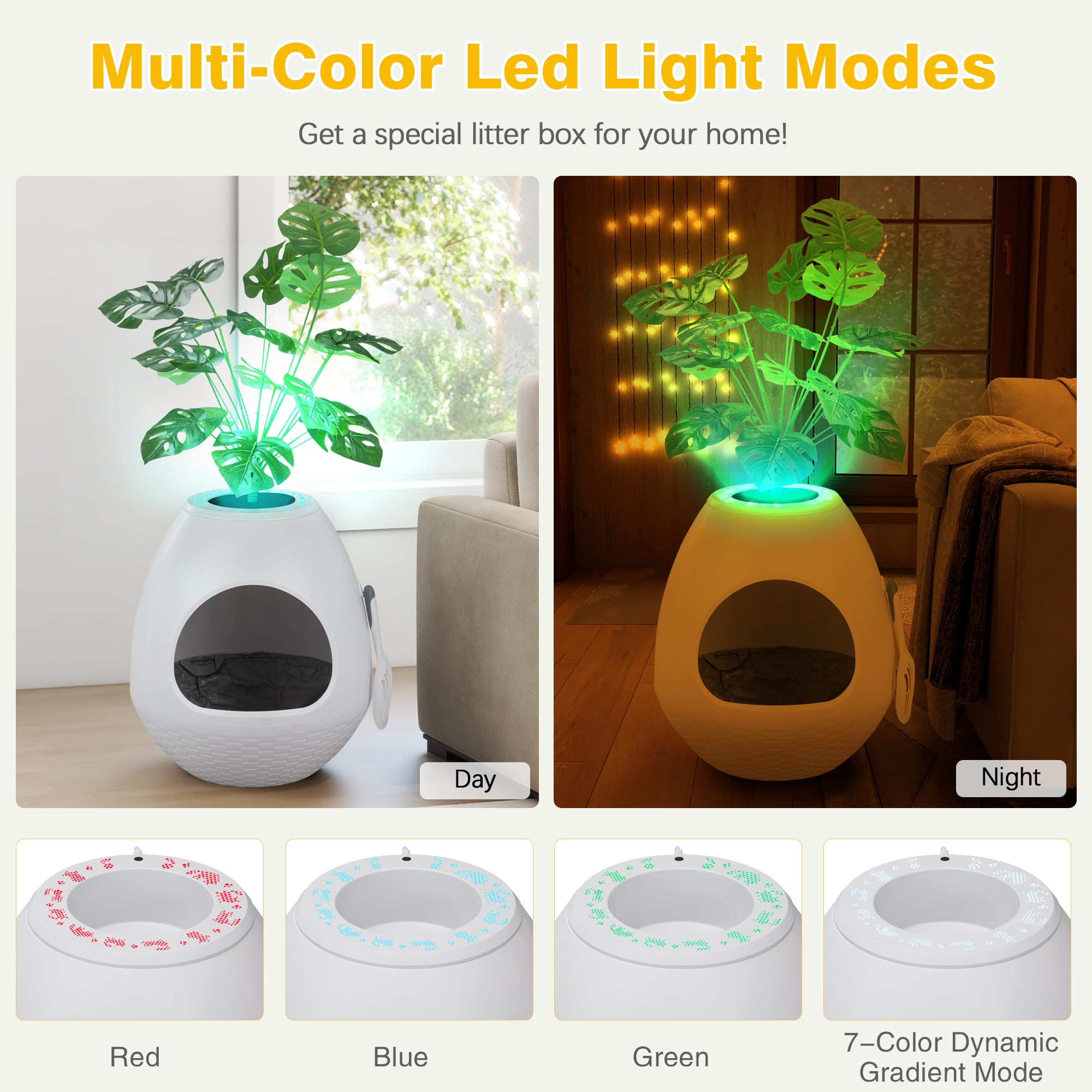 Eggloa6 Extra Large Hidden Litter Box With Plant D  Cor - Premium Litter Box Furniture With Smart Odor Removal System, Led Light