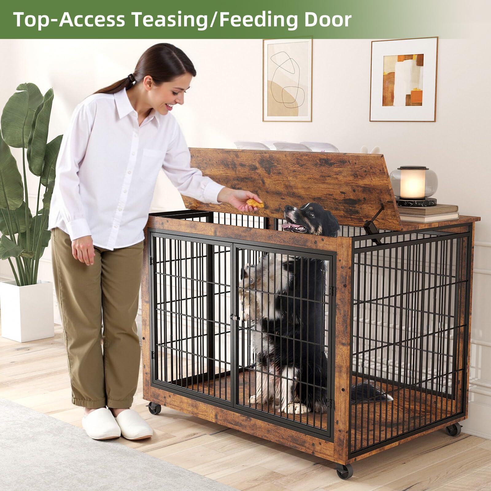 Yafylly 43 Movable Extra Large Dog Crate, Wooden Furniture Dog Crate with Top Access for Teasing/Feeding, 4 Rotating Wheels, Hea