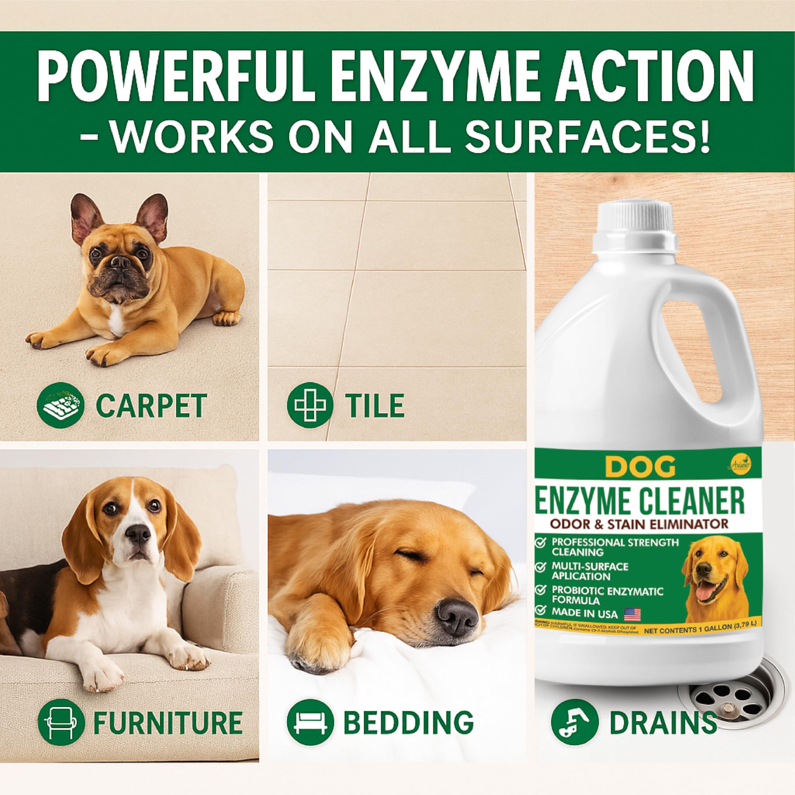 Aviano Enzyme Cleaner for Dog - 1 Gallon - Made in USA - Pet Urine Enzyme Cleaner for Tile, Hardwood, Furniture, Bedding, and Dr
