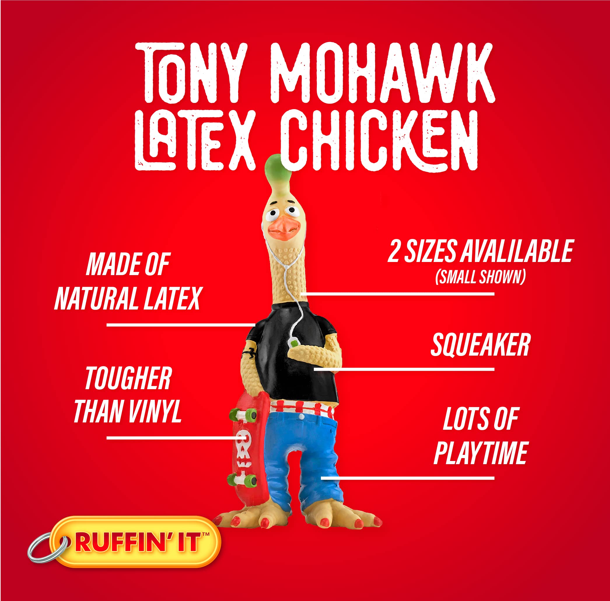 Ruffin' It Tony Mohawk Durable Latex Chicken Dog Toy, Small