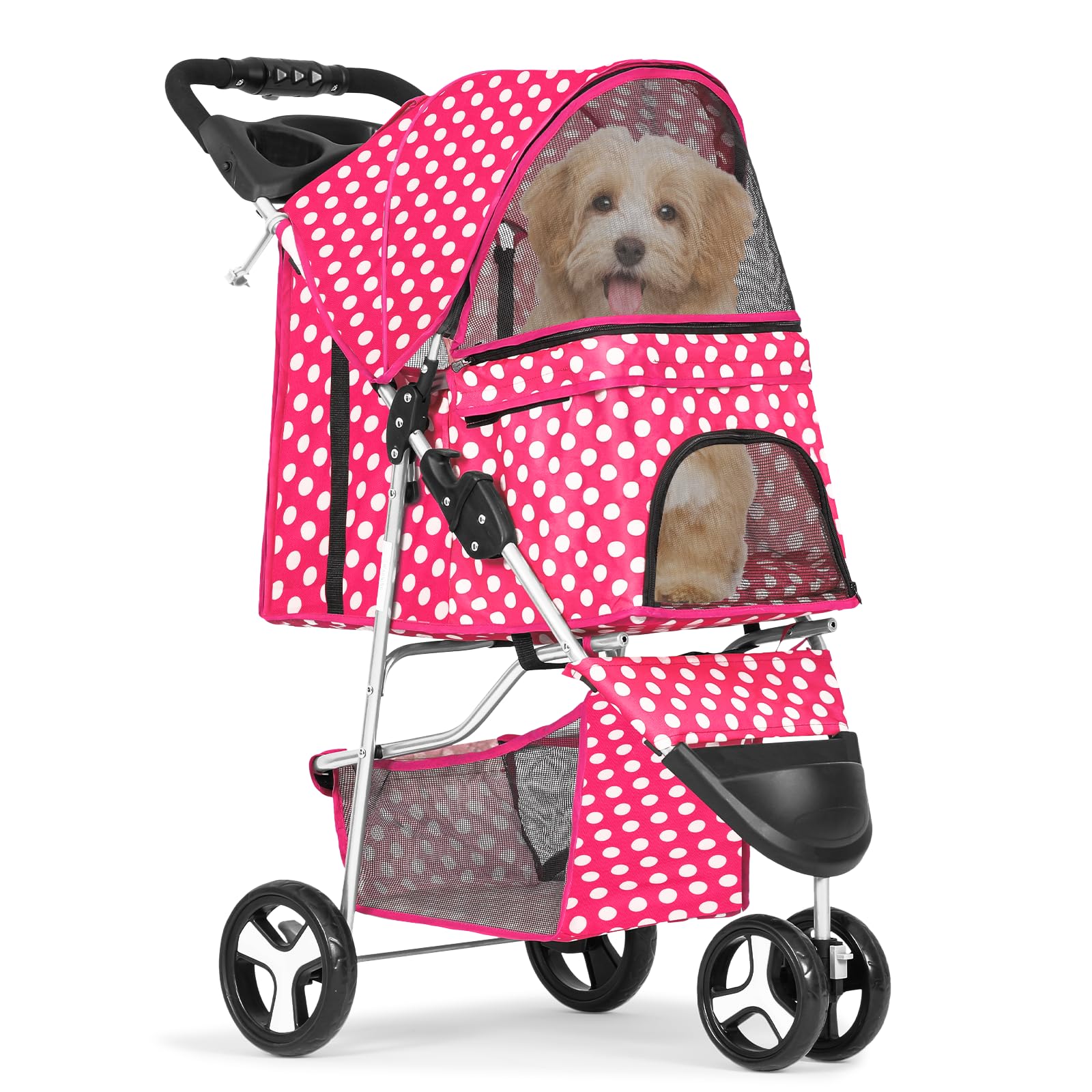 Monibloom 3 Wheels Pet Dog Cat Stroller For Small Medium Dogs Cats, Foldable Jogger Stroller W/Storage Basket And Cup Holder, Ho