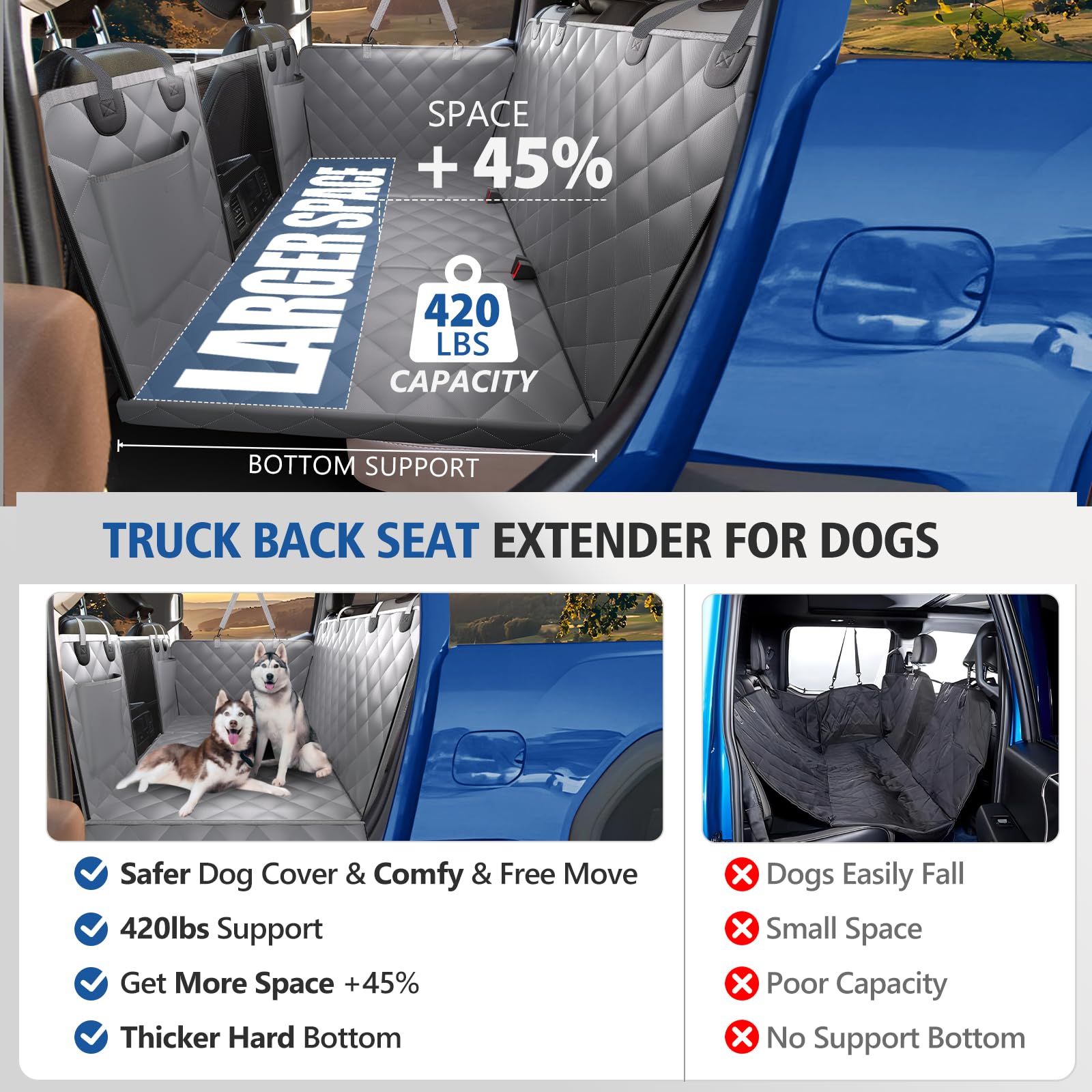 Xl Truck Back Seat Extender For Dogs, Dog Seat Cover Back Seat Supports 420Lbs, Hard Bottom Pet Seat Covers For Crew Cab Trucks,