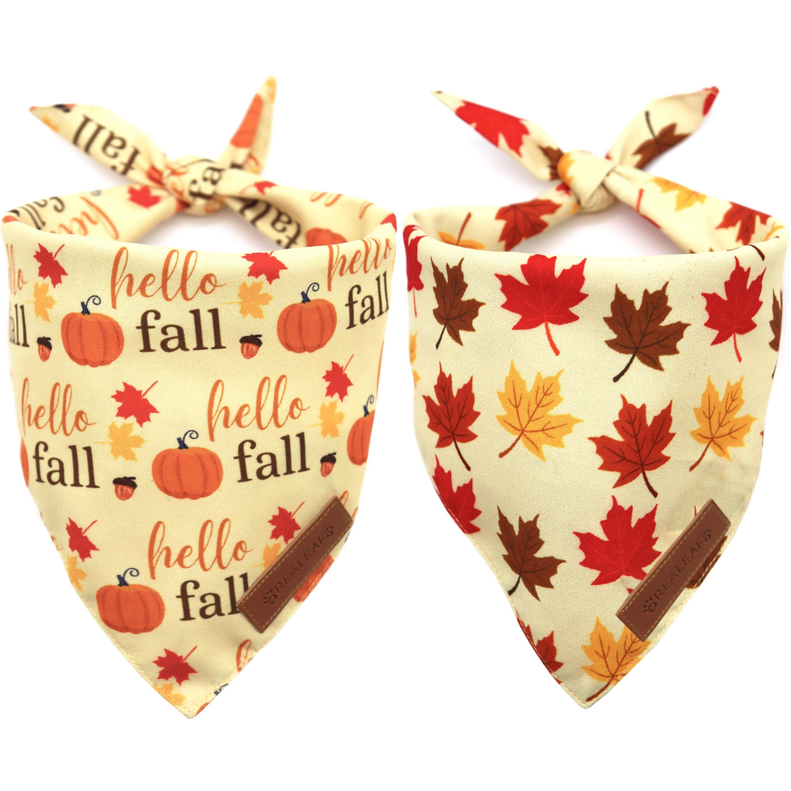 Realeaf Fall Dog Bandanas 2 Pack, Orange Pumpkin And Leaf Print Pet Scarf For Boy And Girl, Premium Durable Fabric, Holiday Band
