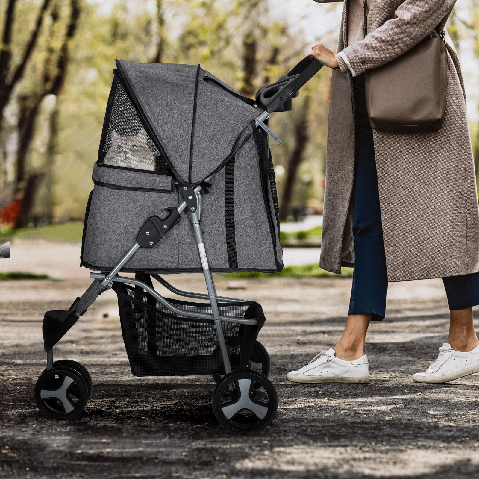 Monibloom 3 Wheels Pet Dog Cat Stroller For Small Medium Dogs And Cats, Lightweight Foldable Jogger Stroller W/Storage Basket And Cup Holder, Gray