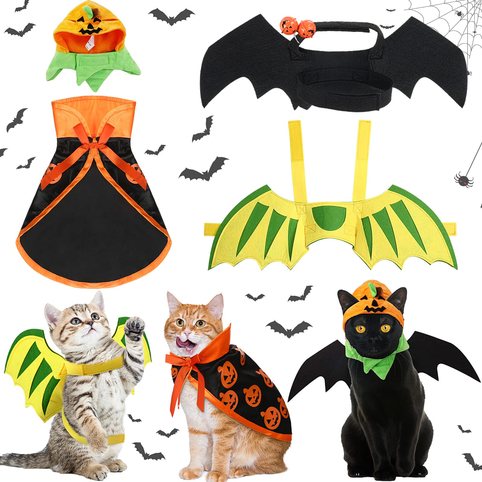 4 Pieces Halloween Costumes For Cat, Pumpkin Cape For Cat, Cute Pumpkin Cat Hats, Cat Bat Wings With Bell, Halloween Costume For Puppy Cat Cosplay Dress Up Accessories