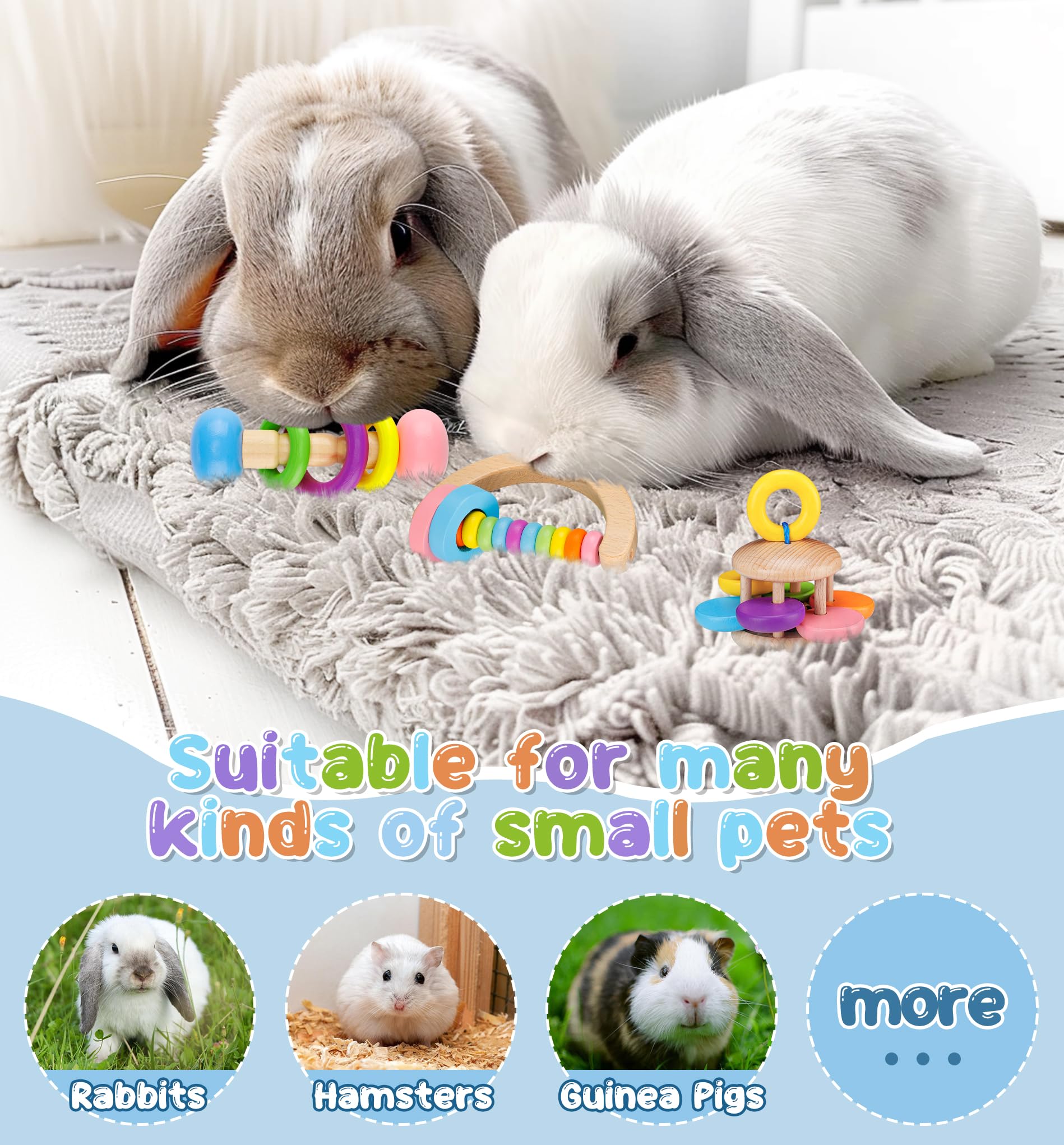 MEWTOGO 3 Pcs Wooden Bunny Toys - Safe Rabbit Toys, Bite-Resistant Guinea Pigs Toys for Chinchillas Hamsters Small Animals Playi