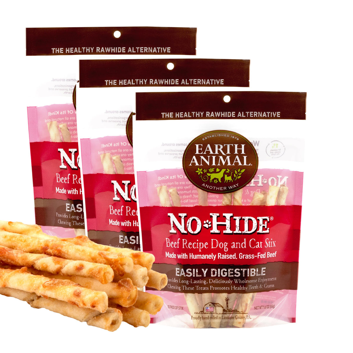 Earth Animal No Hide Stix Beef Flavored Natural Rawhide Free Dog Chews Long Lasting Chew Sticks | Treats For Small Dogs And Cats | Great For Aggressive Chewers (3 Pack)