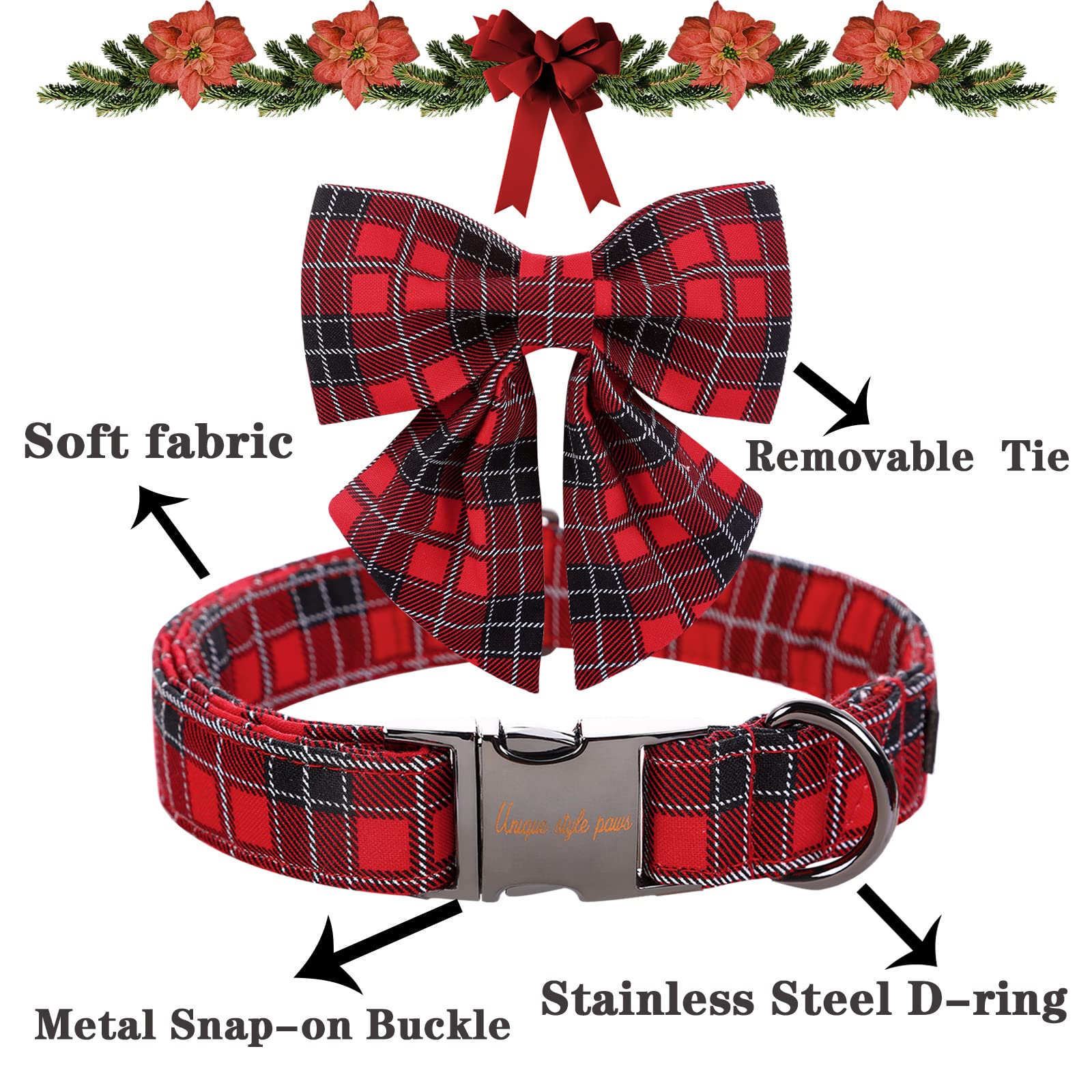 Unique Style Paws Christmas Dog Collar With Tie Red Black Grid Cotton Collar Adjustable Puppy Plaid Collar For Small Medium Large Dogs-Xs