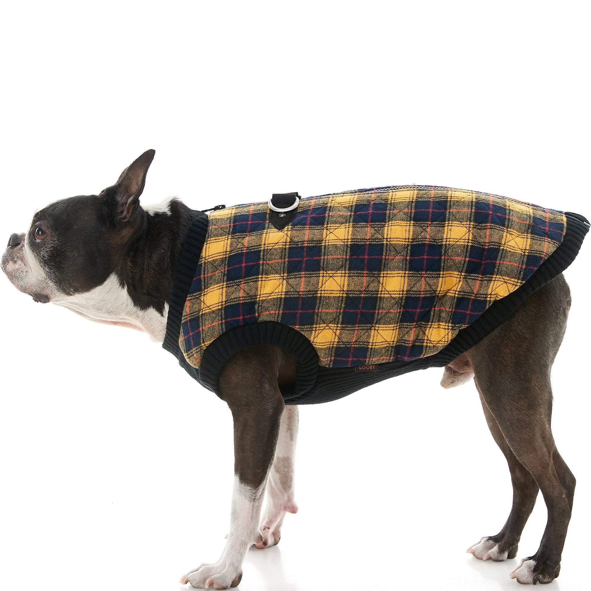 Gooby Fashion Vest Check Dog Jacket - Yellow Check, Large - Warm Zip Up Bomber Vest Dual D Ring Leash - Winter Water Resistant S