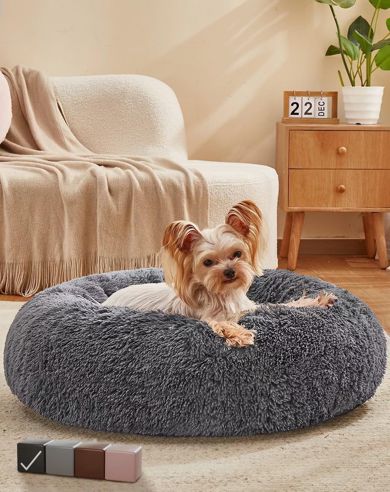 Ohgeni Calming Donut Dog Bed Pillow For Small Medium Pets, Machine Washable Removable Cover, Comfort Plush Fluffy Faux Fur With Anti-Slip Bottom, Cats-Friendly Round Cuddly Design, Gray, 23 Inches