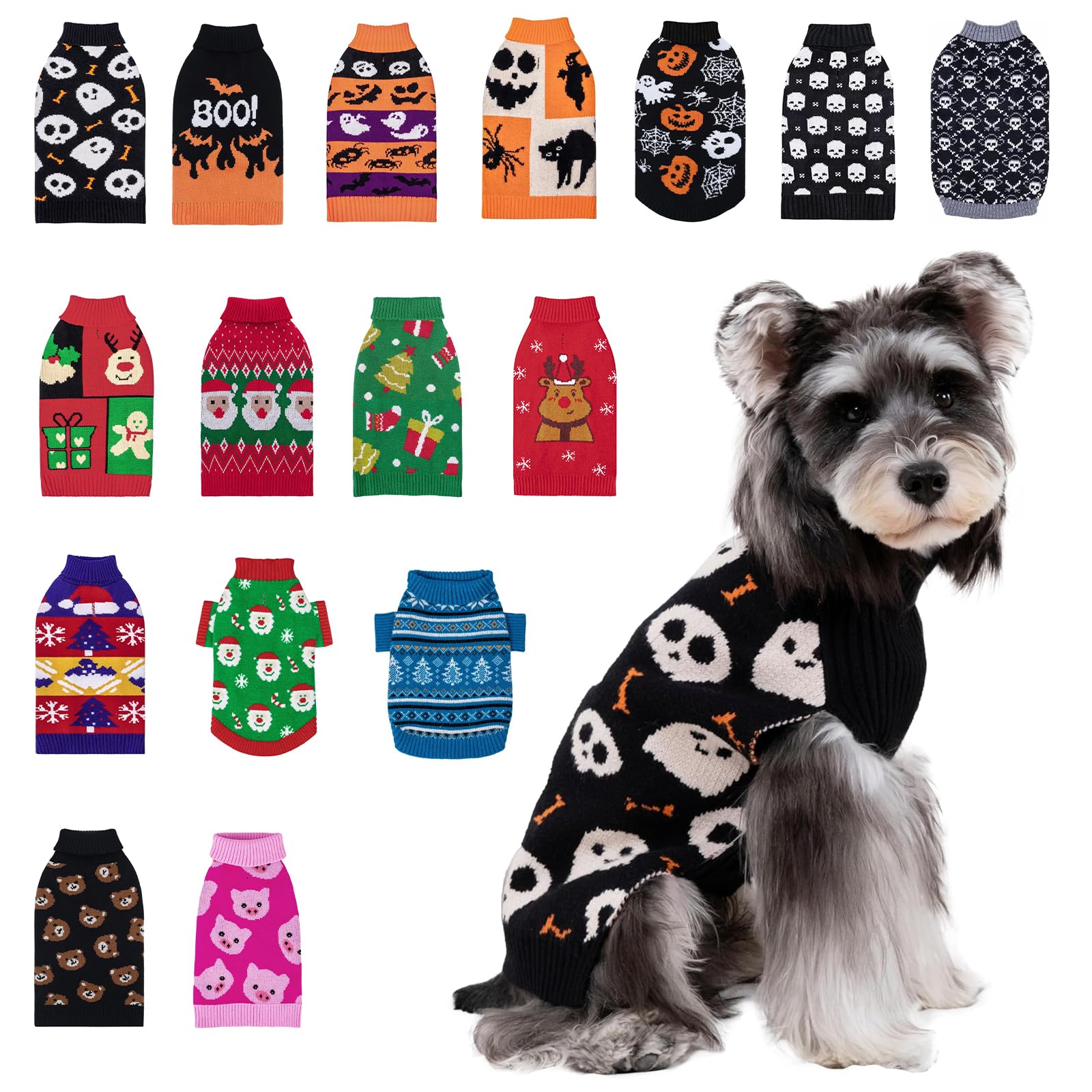Cutebone Halloween Skull Dog Sweater For Small Dogs Turtleneck Pet Winter Clothes Cat Apparel With Harness Hole