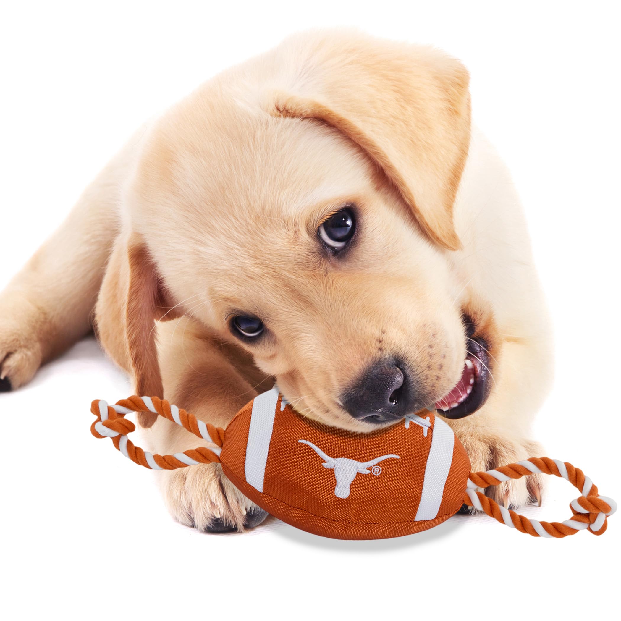 Pets First NCAA Texas Longhorns Football Dog Toy, Tough Quality Nylon Materials, Strong Pull Ropes, Inner Squeaker, Collegiate T