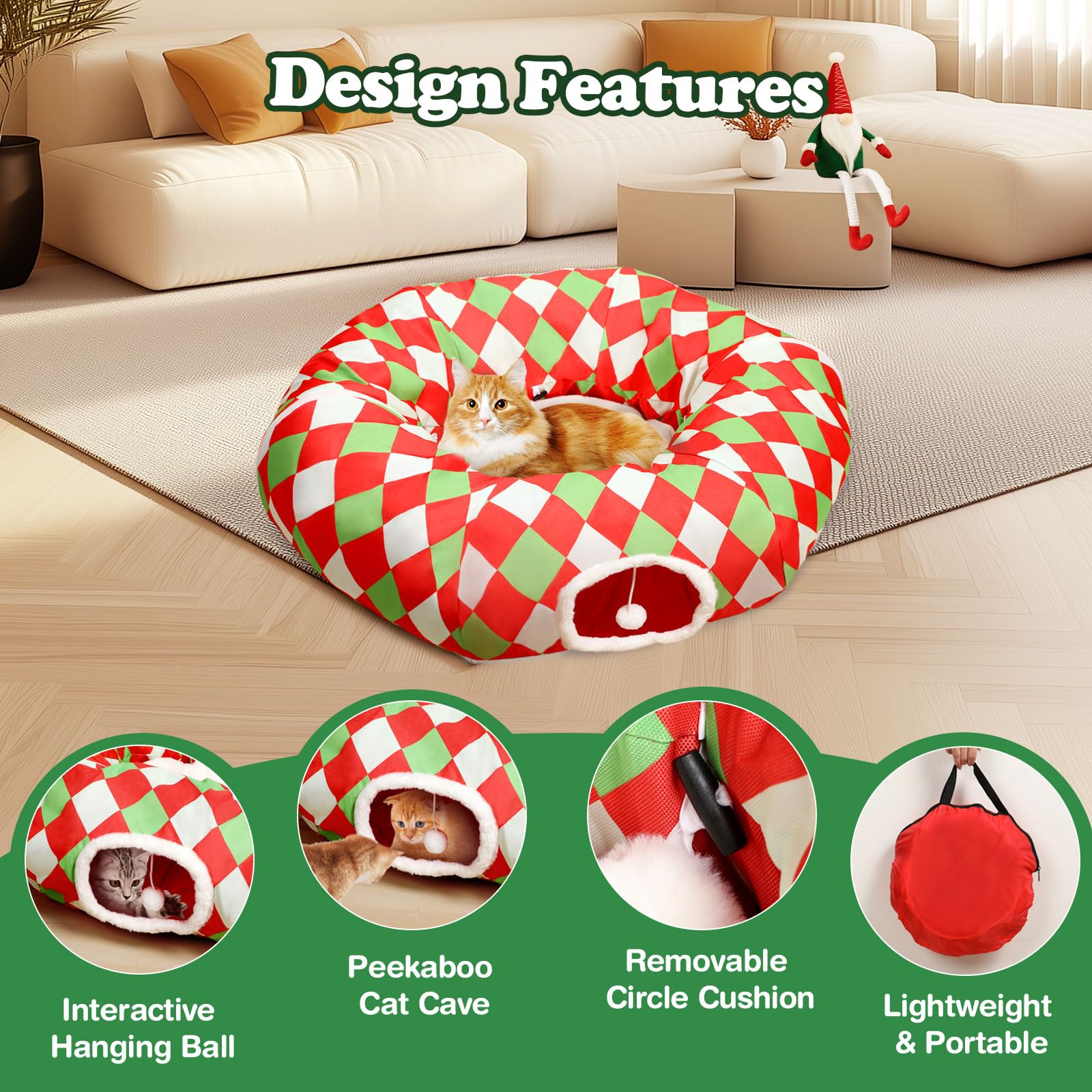 Checkered Dog Bed Cat Peekaboo Cat Cave Donut With Washable Cushion Cat Tunnels For Indoor Cats Festive Decor Perfect For Small
