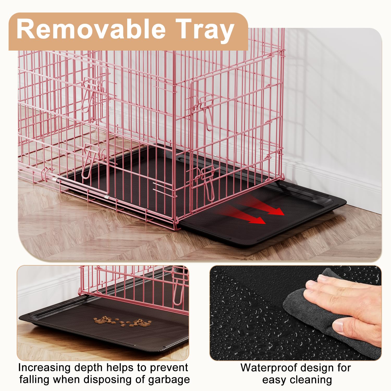 FDW Dog Crate - 30" Metal Folding Cage with Plastic Tray for Small/Medium Dogs, Pink
