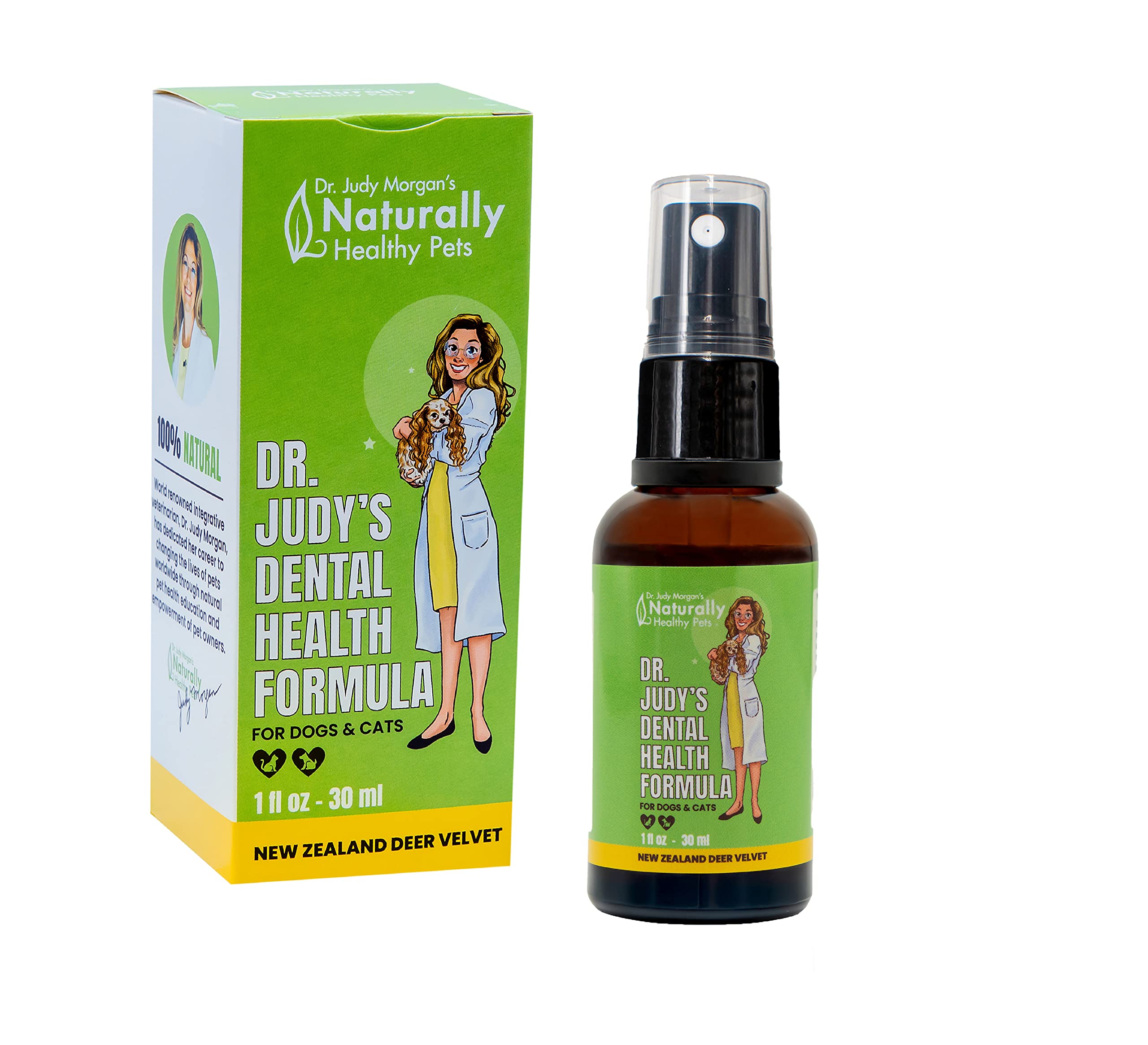 Dr. Judy Morgan's Dental Health Oral Spray for Dogs & Cats, 30 ml, New Zealand Deer Antler Velvet & Manuka Honey