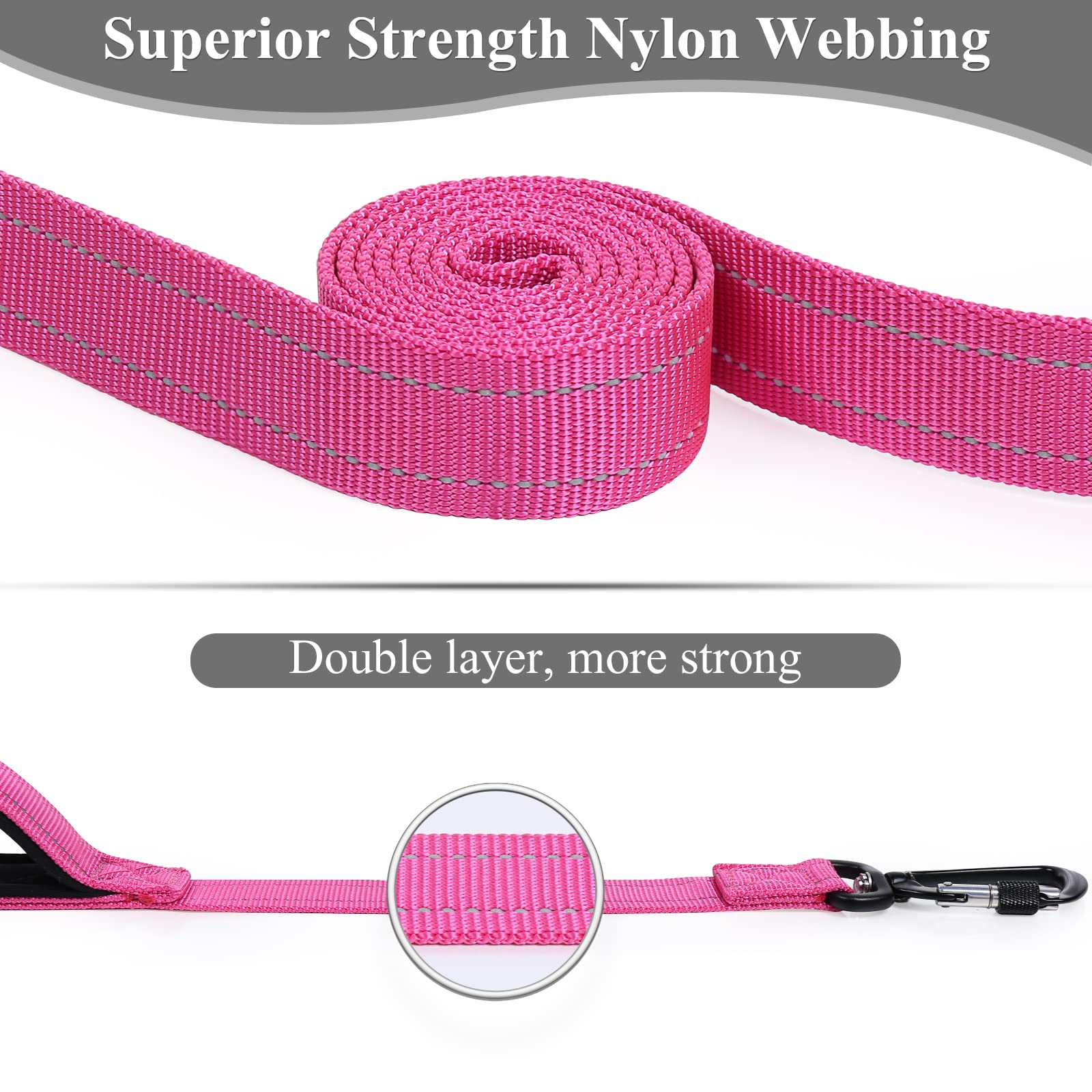 Vivaglory Dog Leash With Lightweight Aluminum Clasp & 2 Padded Handles, 4Ft Nylon Dog Leash Lead Heavy Duty Safety No Pull Climbing Climbers Carabiner Clip Training Leash For Medium Large Dogs Pink