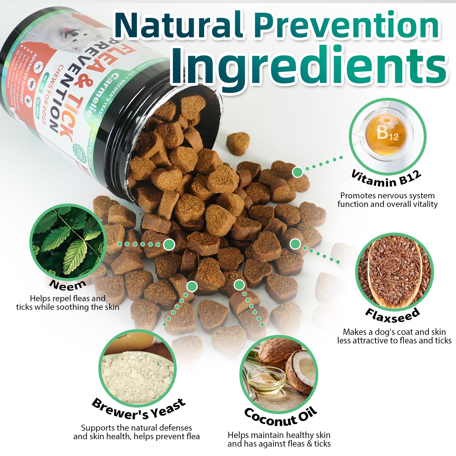 Carmelie Flea and Tick Prevention for Dogs Chewables - 200 Soft Chews Natural Dog Flea and Tick Chewables, Oral Flea Supplement
