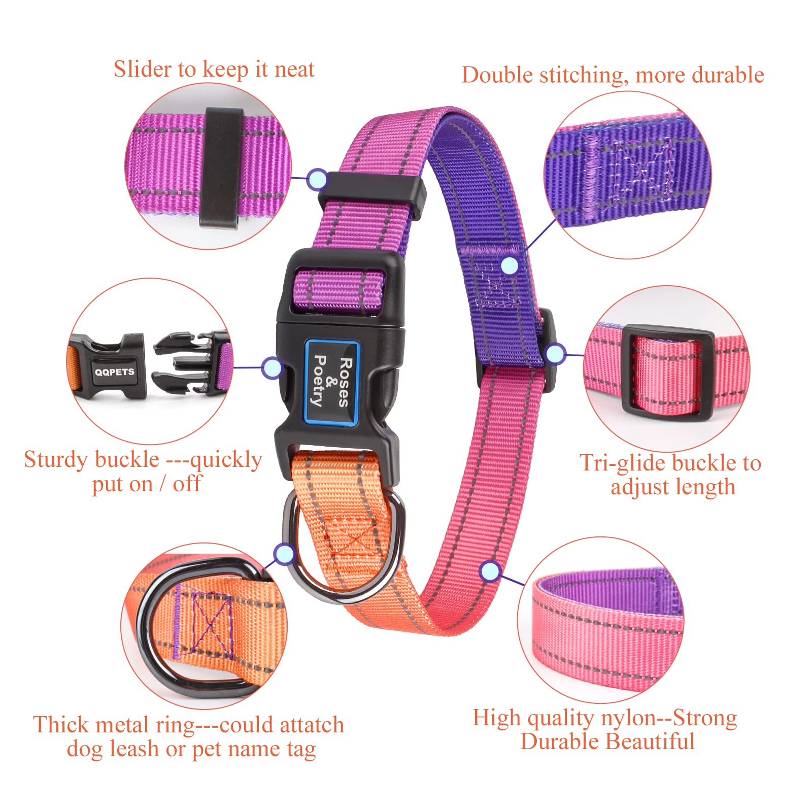 Roses&Poetry Reflective Dog Collar With Gradient Mistyrose, Adjustable Durable Pet Collars For Small Medium Large Dogs (Mistyrose-S