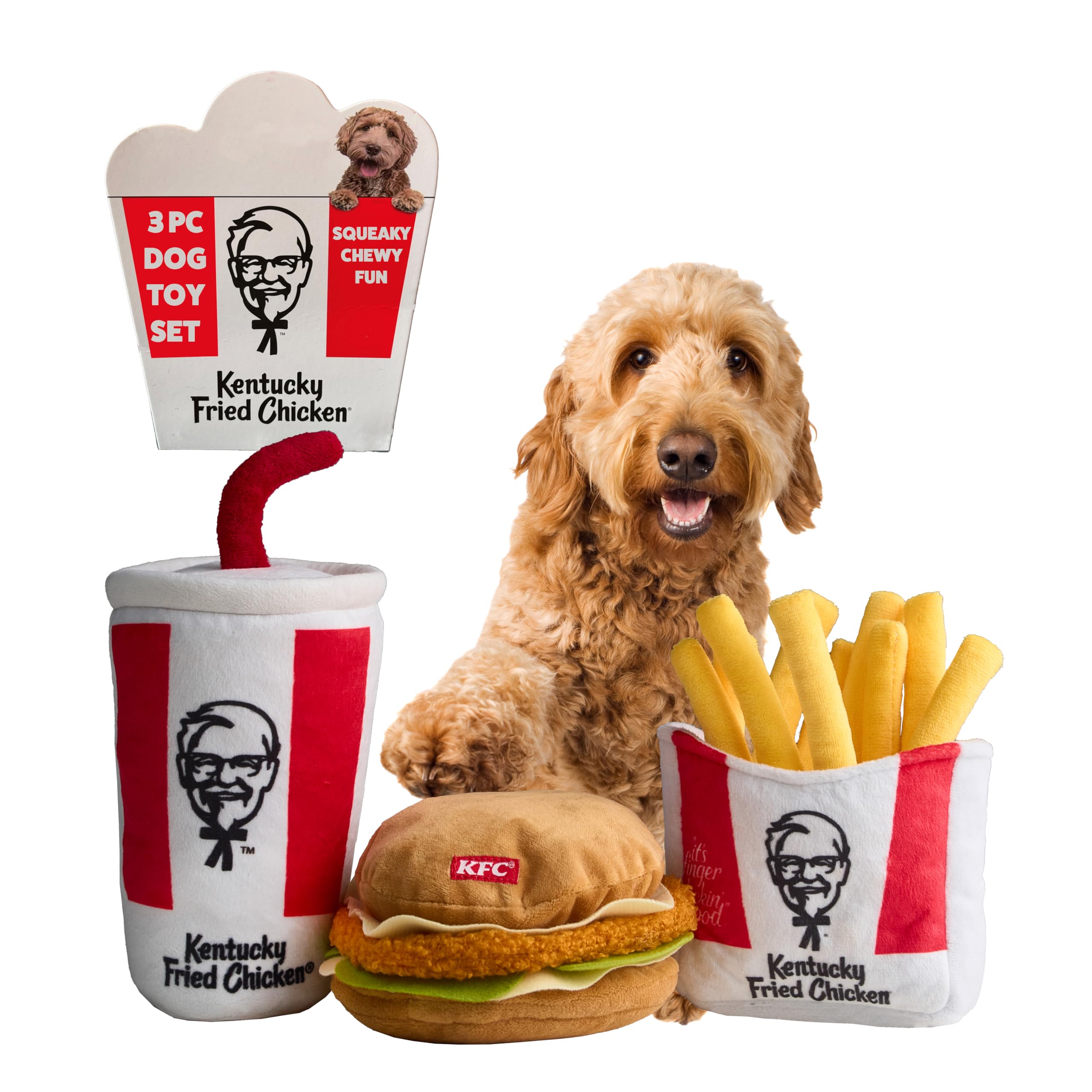 KFC Finger Lickin Good 3-Piece Plush Dog Toy Set - Chicken Sandwich, French Fries & Soda, Crinkle & Squeaky Interactive Toys fo