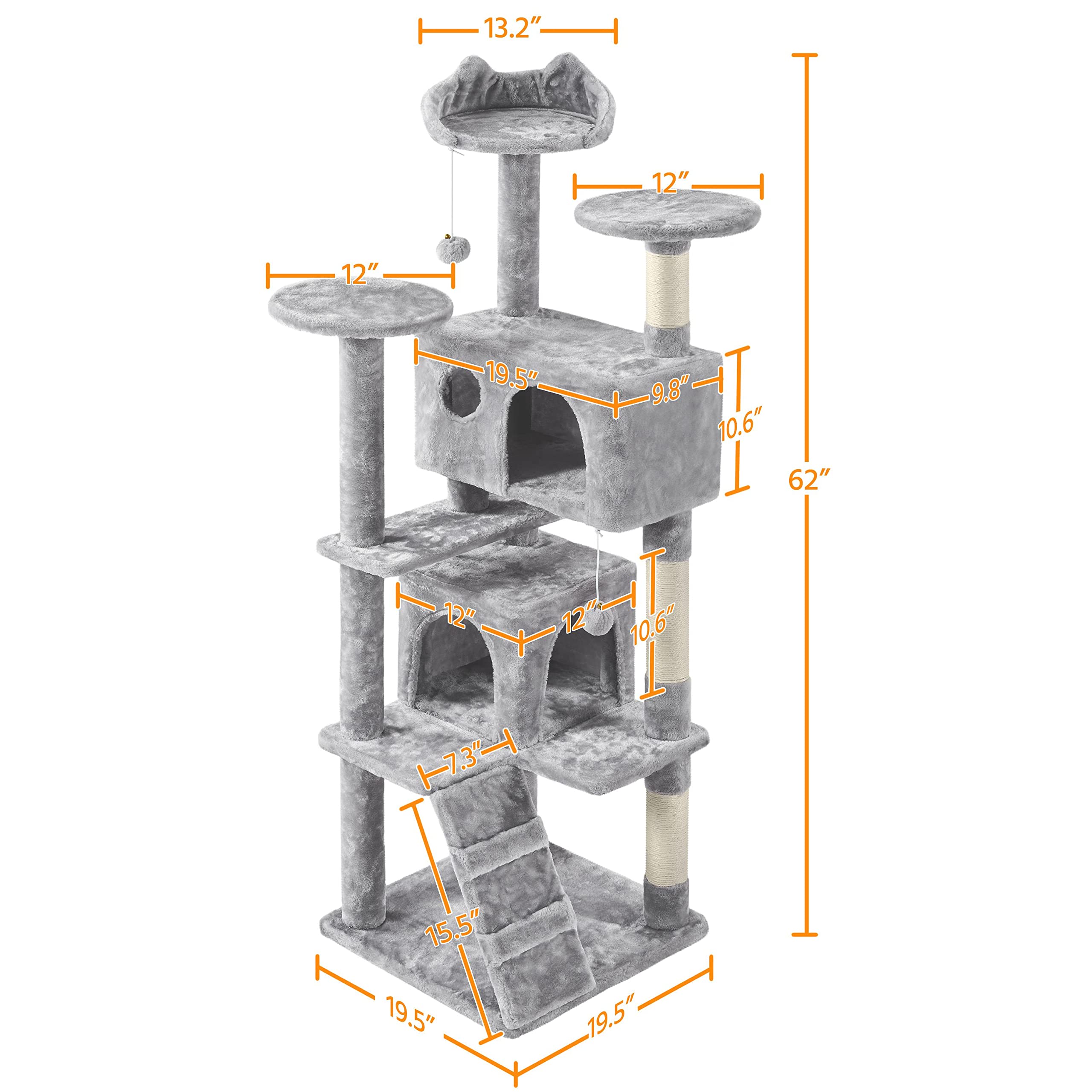 Yaheetech Multi-Level Cat Tree Condo, 61in, Light Gray, Particle Board, Plush, Sisal Scratching Post for Indoor Cats