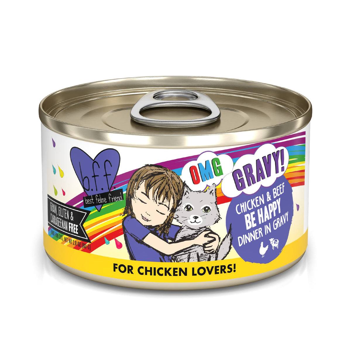 Weruva B.F.F. Omg - Best Feline Friend Oh My Gravy!, Chicken & Beef Be Happy With Chicken & Beef In Gravy, 2.8Oz Can (Pack Of 12)