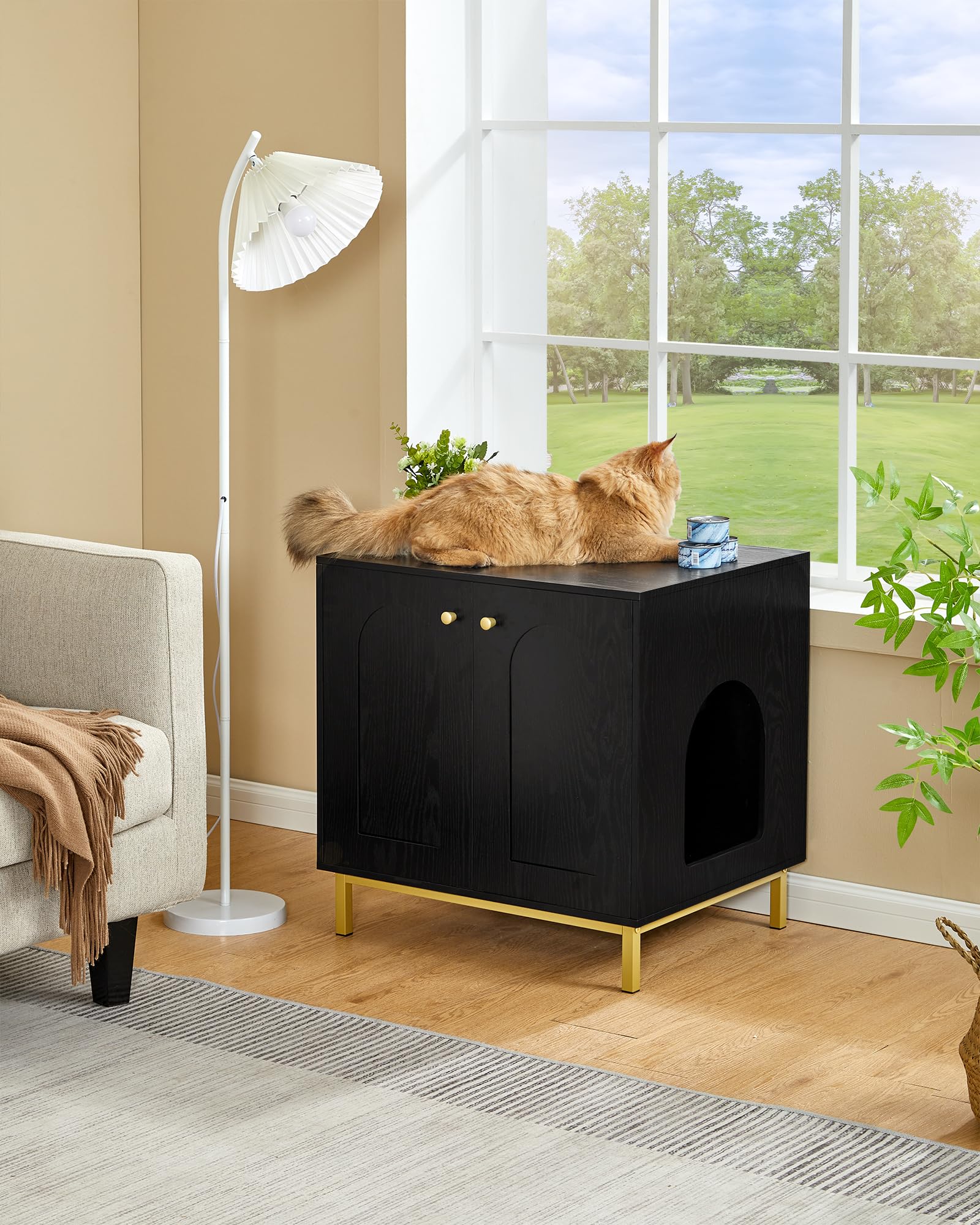 Hzuaneri Cat Litter Box Enclosure, Hidden Litter Box Furniture, Wooden Pet House Side End Table, Storage Cabinet Bench, Fit Most Cat And Litter Box, Living Room, Bedroom, Black And Gold Cb81204G