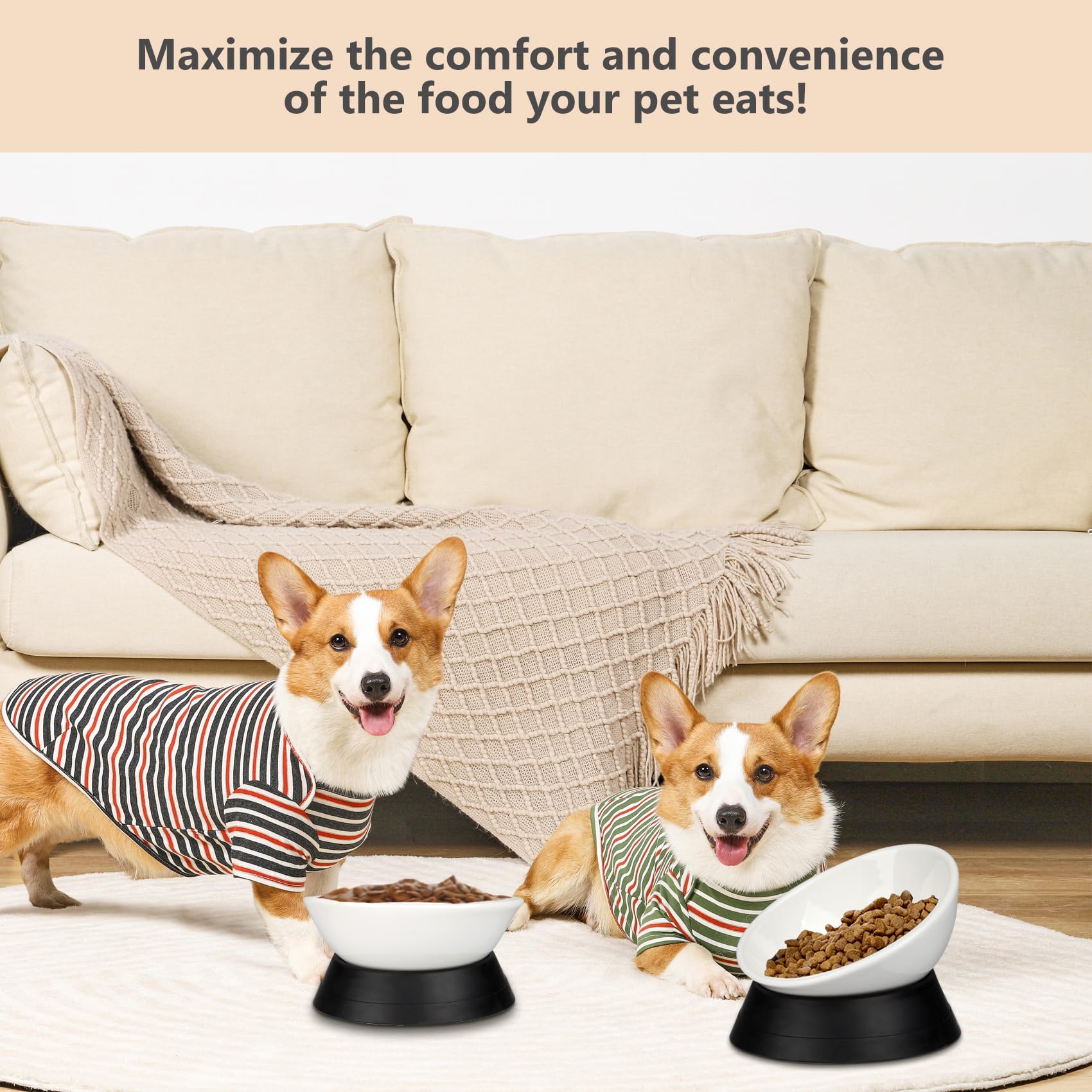 Bulldog Bowl Anti-Slip Dog Cat Dish Detachable Rubber Dog Bowl Pet Sterile Tilted Pet Feeder Slope Base (Black(White Ceramic Bow