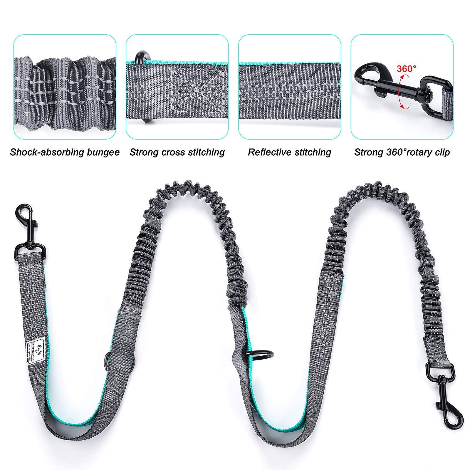 Shine Hai Retractable Hands Free Dog Leash With Dual Bungees For Dogs, Adjustable Waist Belt Bag, Reflective Stitching Leash For