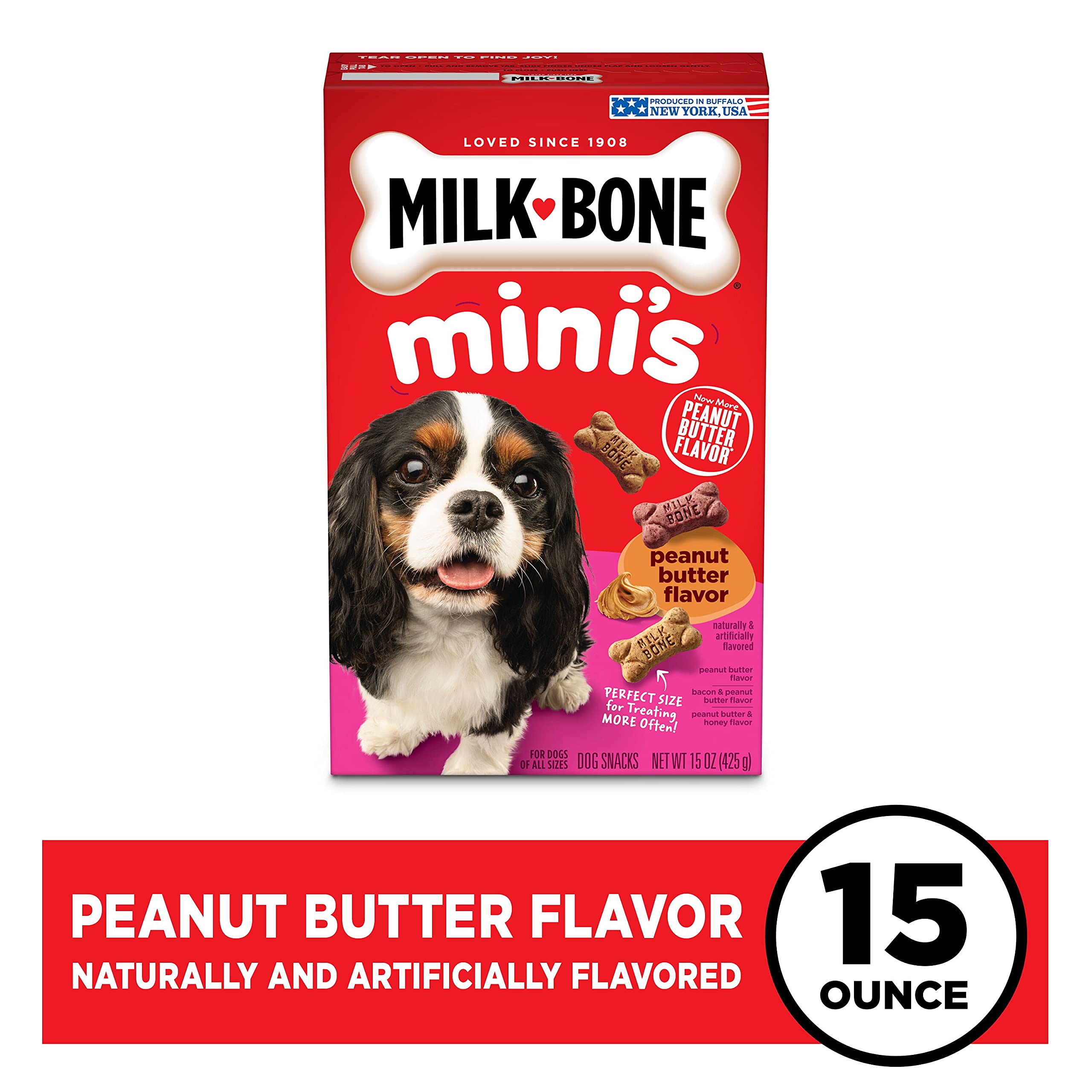 Milk-Bone Minis Peanut Butter Flavor Dog Treats for All Size Dogs, 15 Ounce (Pack of 6), Crunchy Texture Helps Freshen Breath