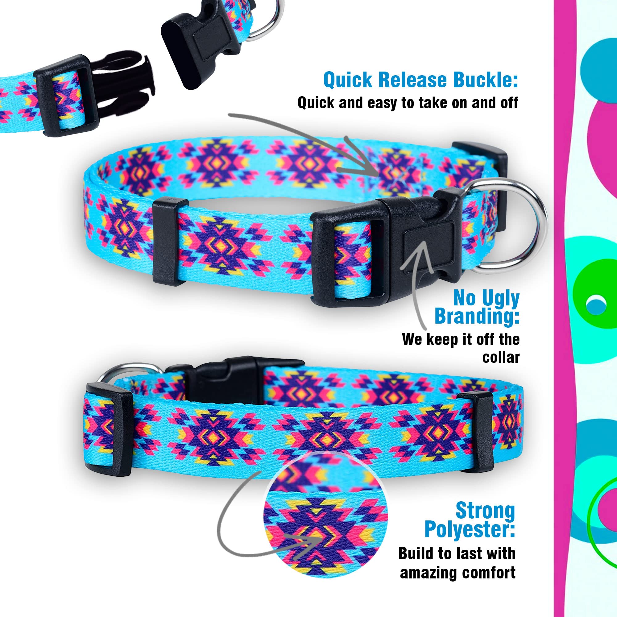 Native Pup Western Dog Collar, Cute Designer Aztec Tribal Pattern, Male Female (Small, Turquoise)