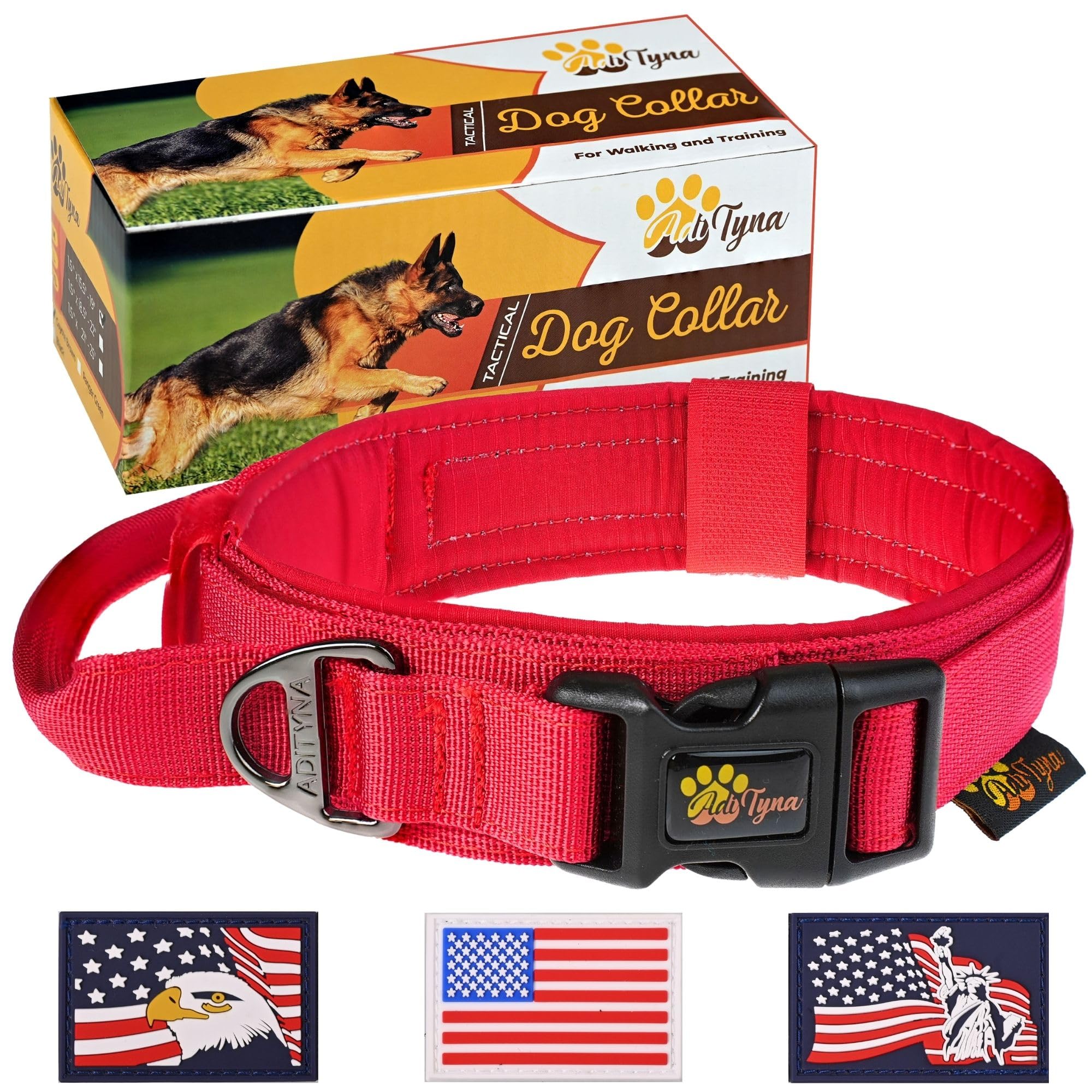 Adityna Heavy-Duty Tactical Dog Collar With Handle - Perfect Red Dog Collar For Training, Walking, Or Hunting (Large: Fit 18.5-2