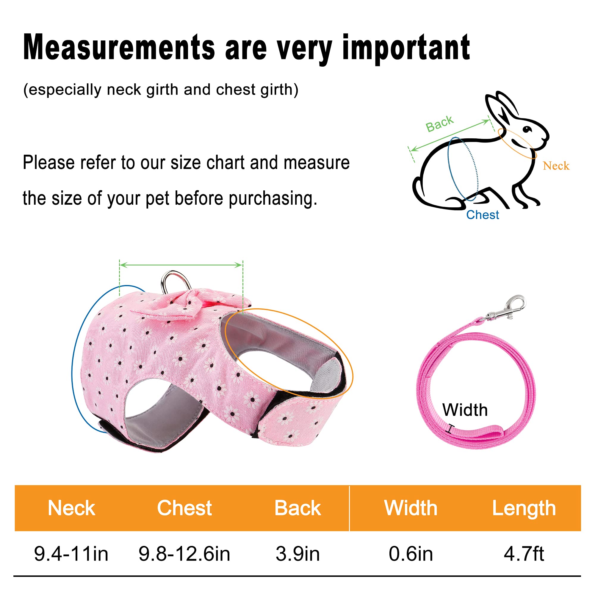 Filhome Adjustable Rabbit Harness Leash, Bunny Harness Leash Cute Vest Harness For Rabbit Ferret Bunny Kitten Guinea Pig Walking