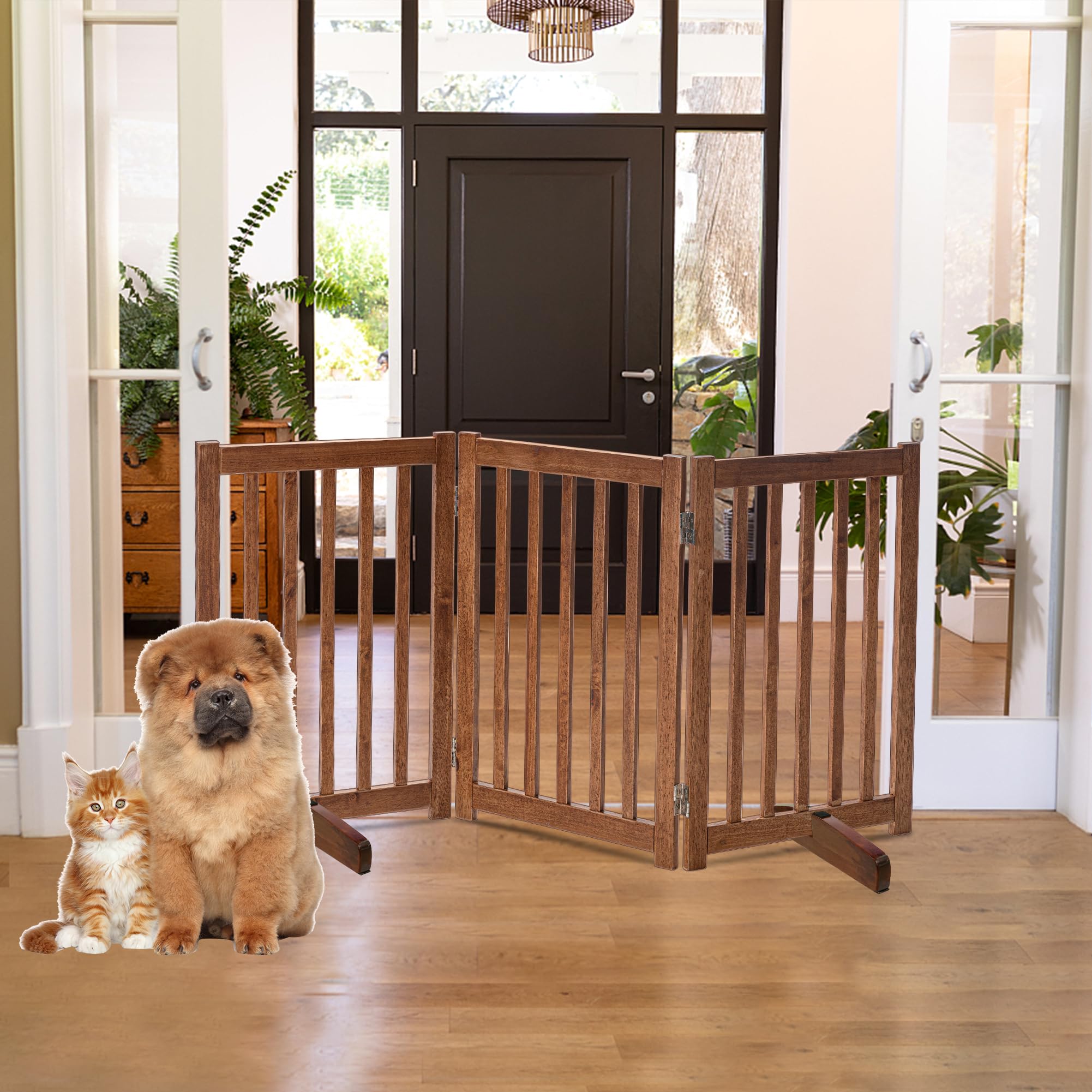 LZRS Freestanding Dog Gate 30 inch Tall - 3 Panels Solid Wooden Pet Gate for Doorways, Stairs & Hallways, Expandable & Foldable