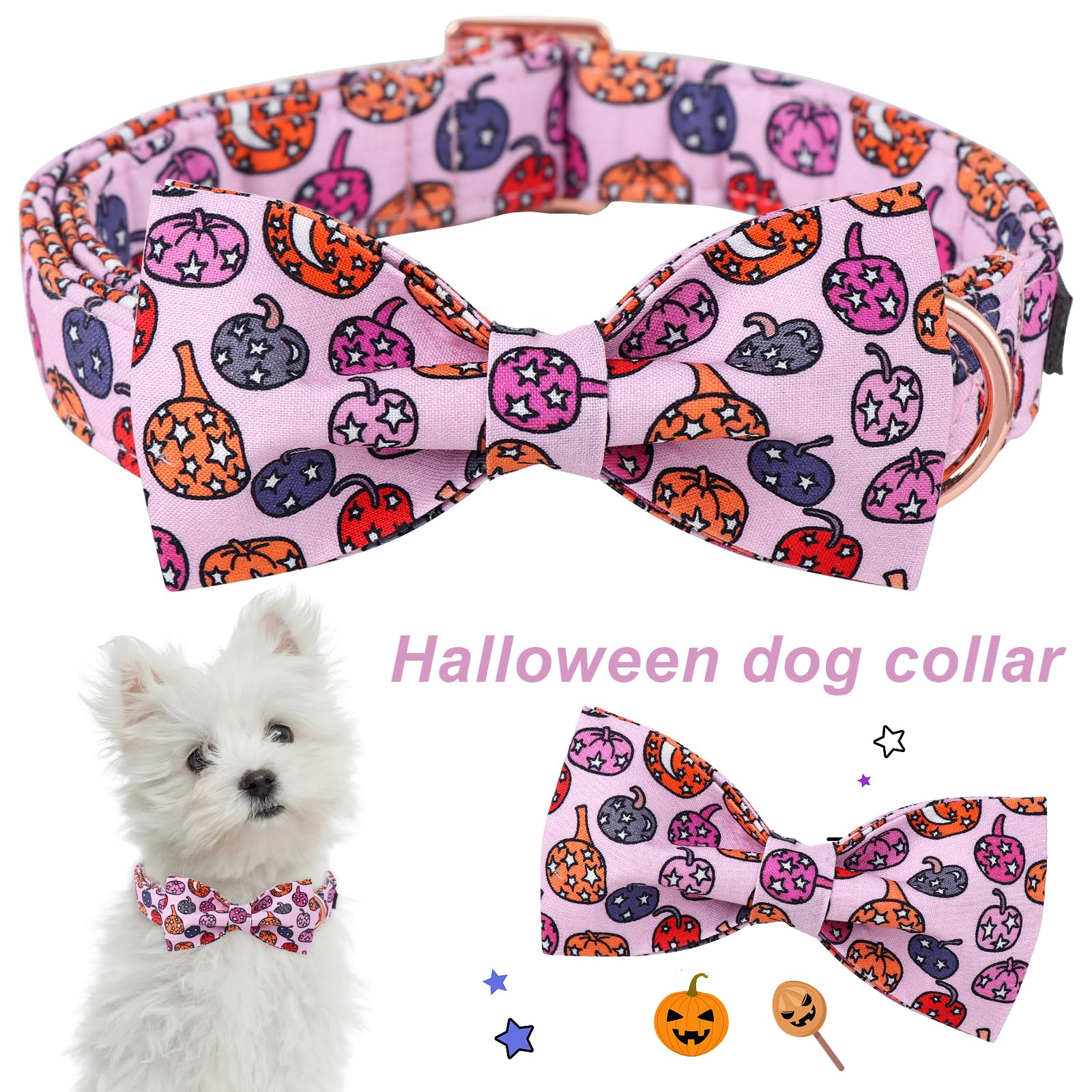 Aring Pet Halloween Dog Collar-Cute Pink Pumpkin Dog Collar With Bow, Cotton Halloween Pumpkin Lamp Dog Collar Bowtie With Metal Buckle
