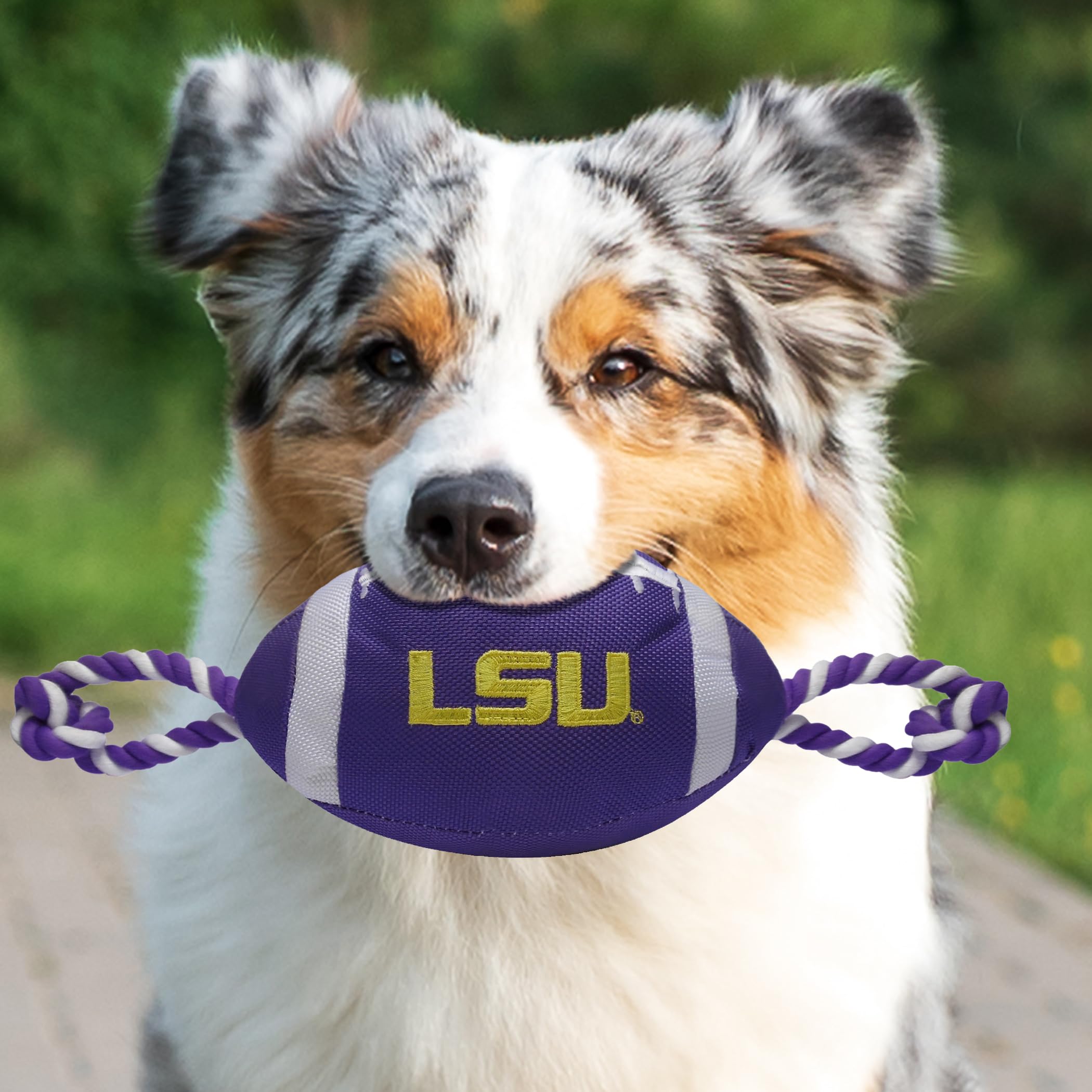 Pets First NCAA LSU Tigers Football Dog Toy, Tough Quality Nylon Materials, Strong Pull Ropes, Inner Squeaker, Collegiate Team C