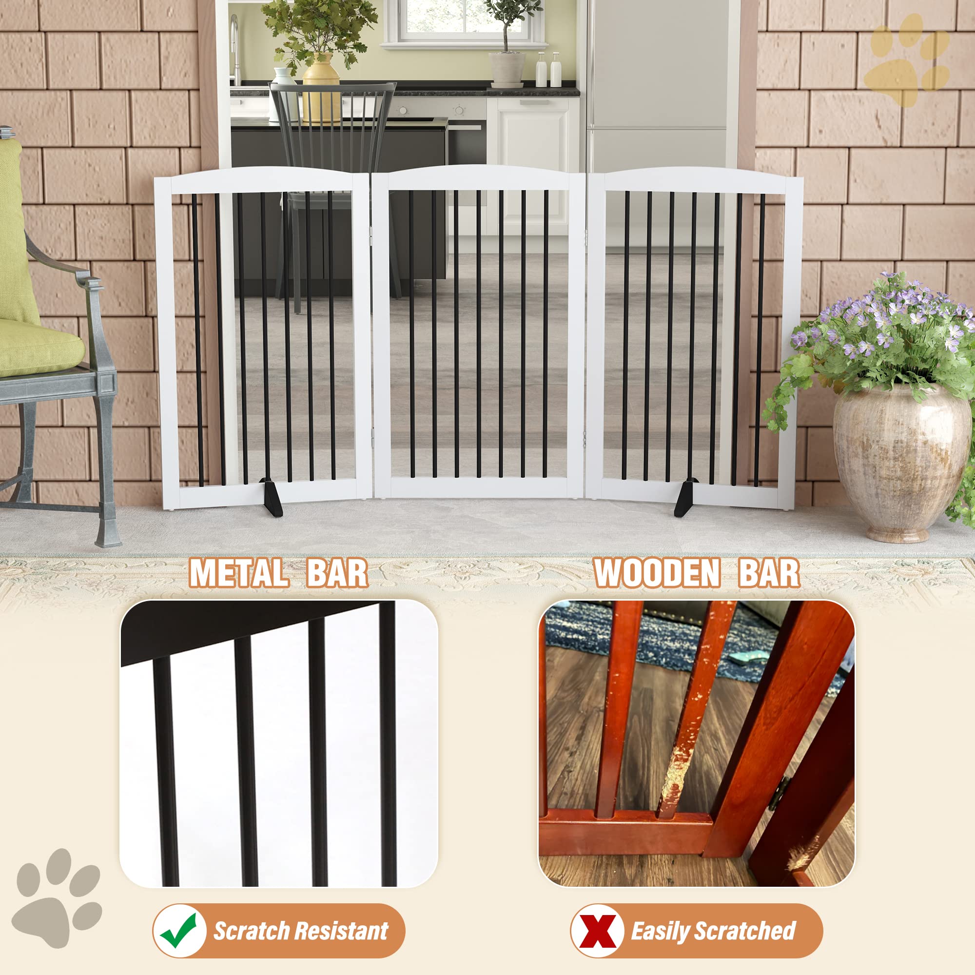 PUPETPO Freestanding Pet Gate for Dogs, Foldable Wooden Dog Gate for House Indoor, Tall Pet Fence for Stair, Doorway,Hall, Suppo