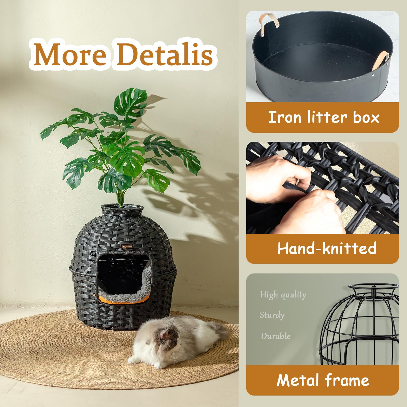 KUREEISE Hidden Litter Box Furniture with Artificial Plants, Handwoven Rattan Cat House with Enclosed Litter Box(Black)