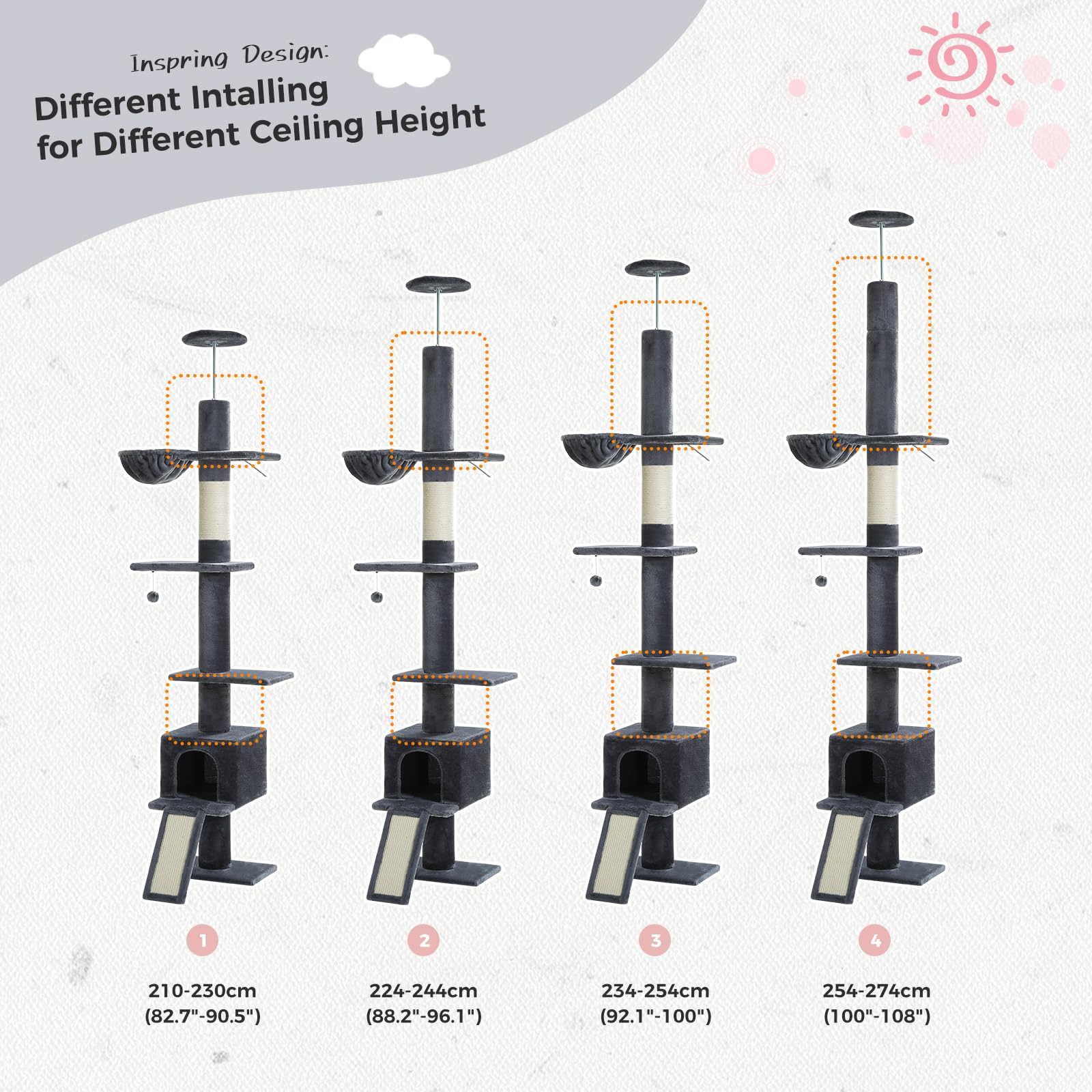 Petepela Floor To Ceiling Cat Tree, Cat Tower 5 Tiers Tall (83-108 Inches) Adjustable Height, Cat Climbing Tree Featuring With C