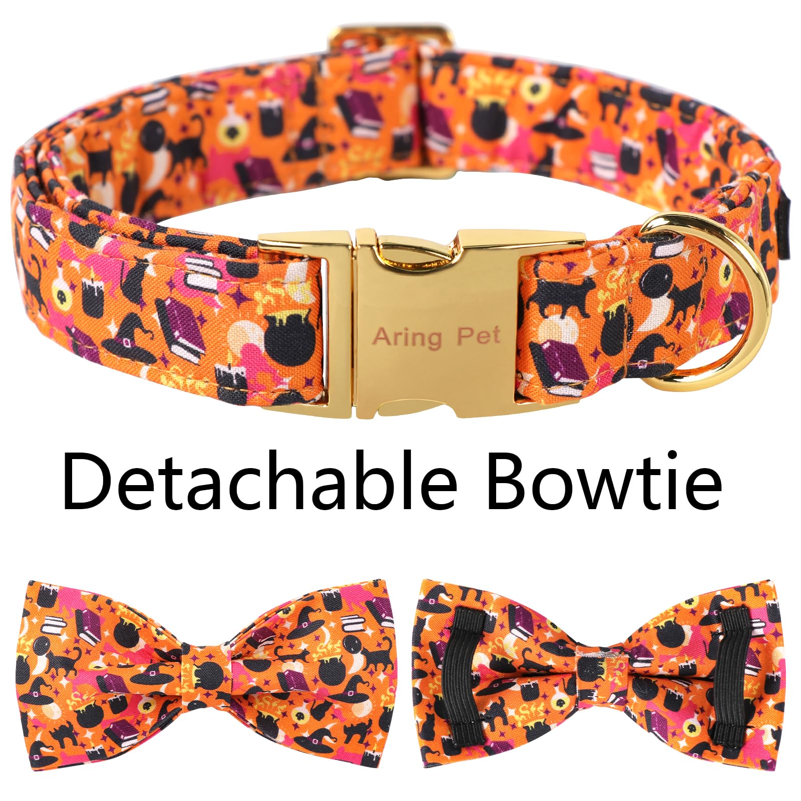 Aring Pet Halloween Dog Collar, Cute Orange Festival Dog Collar With Bow, Adjustable Cotton Halloween Pet Collars With Metal Buckle