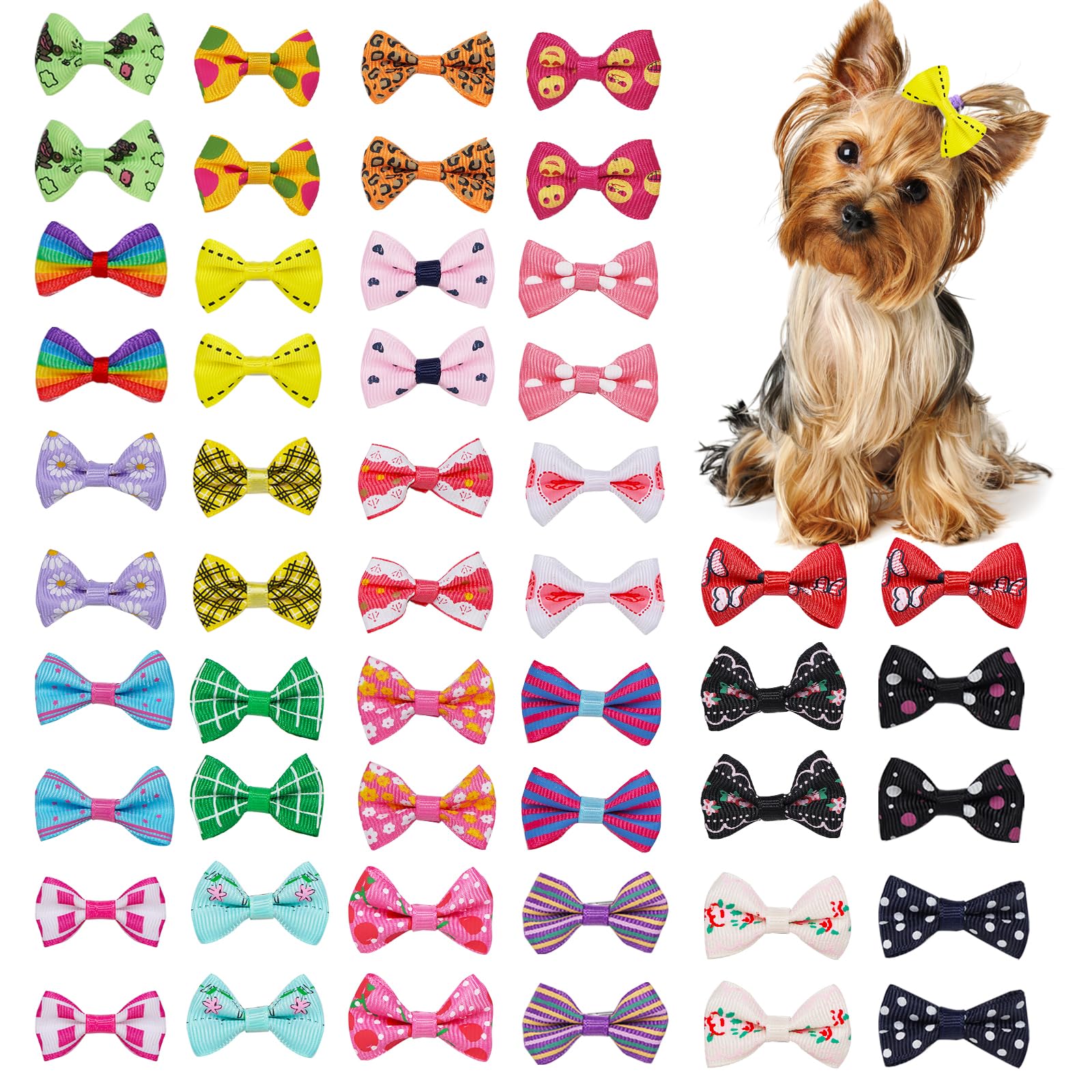 Chenkou Craft 50pcs/25pairs Puppy Yorkie Dog Hair Bows With Clips Pet Grooming Products Mix Colors Varies Patterns Pet Hair Bows
