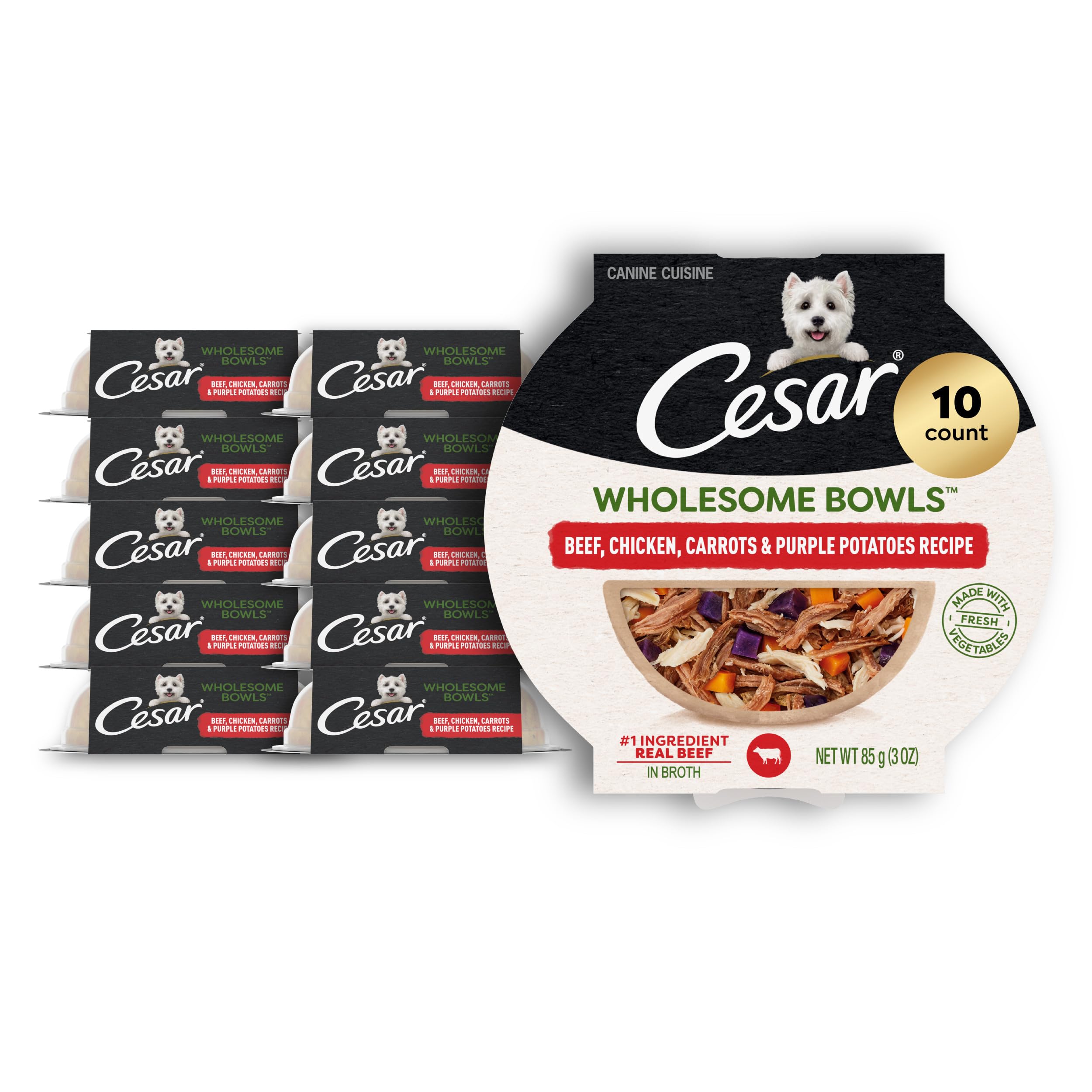 Cesar Wholesome Bowls Adult Wet Dog Food, Beef, Chicken, Purple Potatoes & Carrots, 3 oz. (10 Count, Pack of 1)