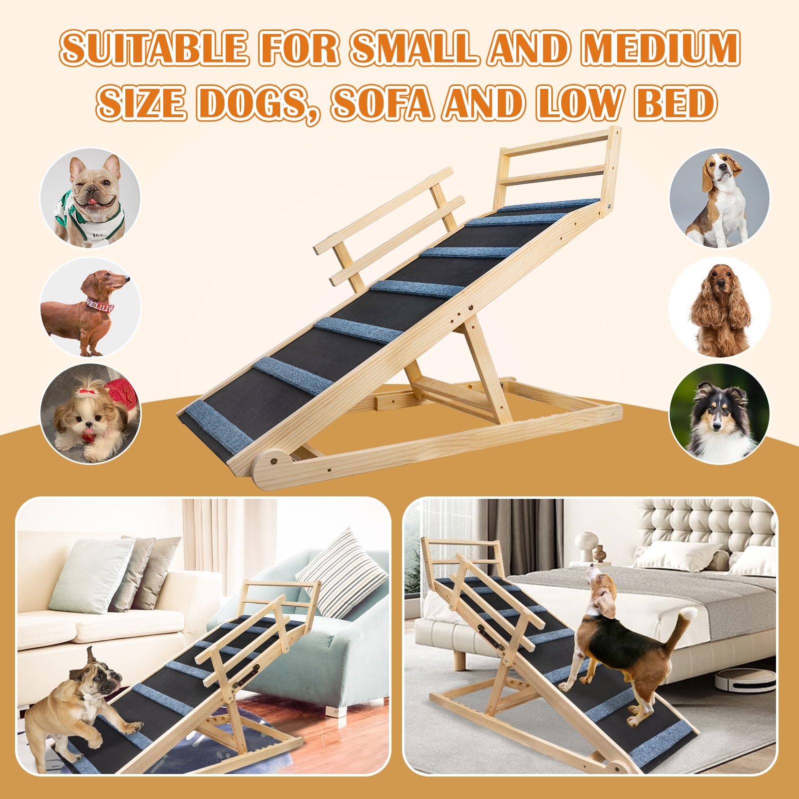 Wooden Dog Ramp For Bed - 5 Level Adjustable Wooden Ramp For Dog Extra Wide Doulbe Anti-Slip Pet Ramp With Rails
