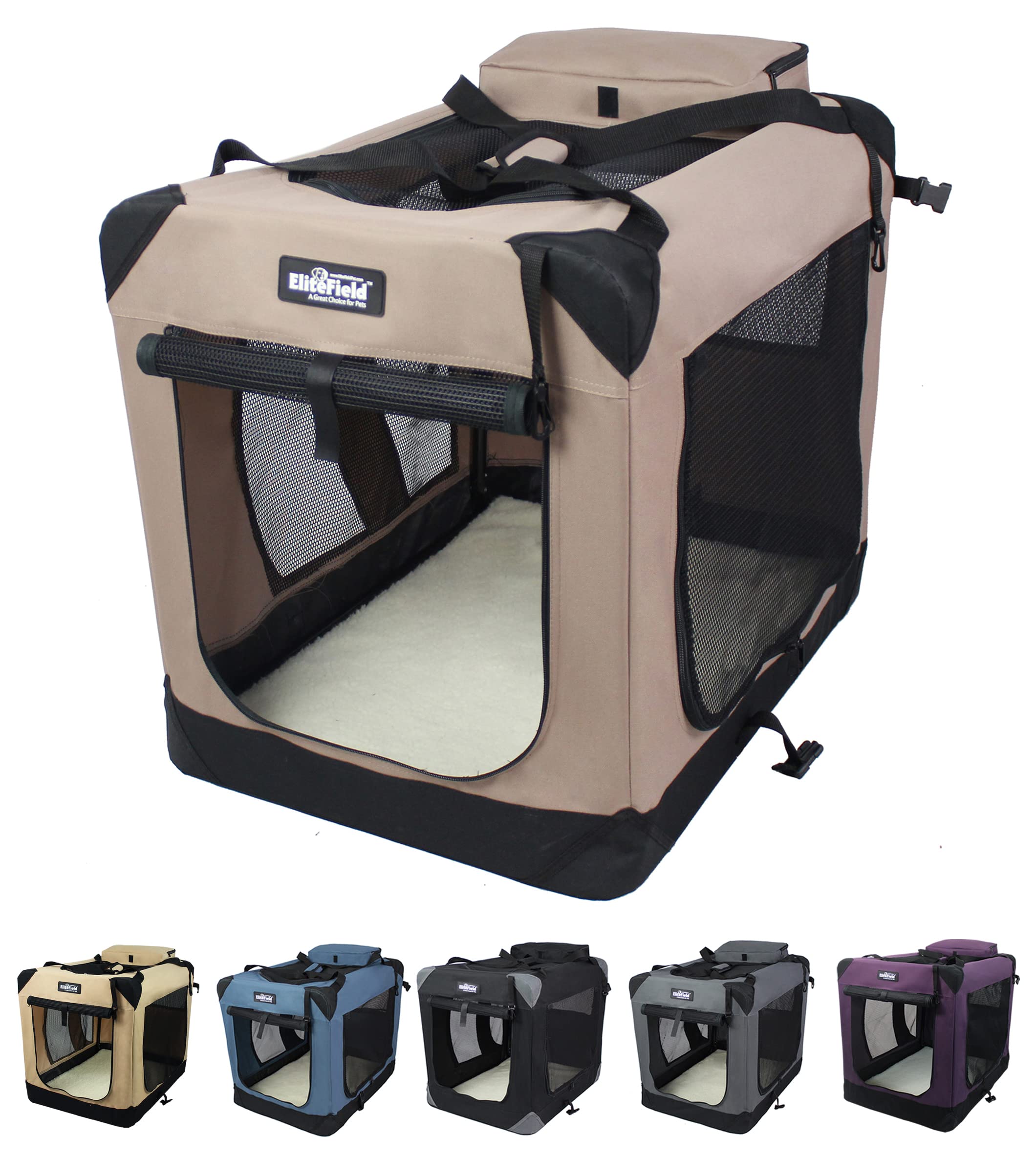 Elitefield 3-Door Folding Soft Dog Crate With Carrying Bag And Fleece Bed (2 Year Warranty), Indoor & Outdoor Pet Home (20' L X 14' W X 14' H, Khaki)